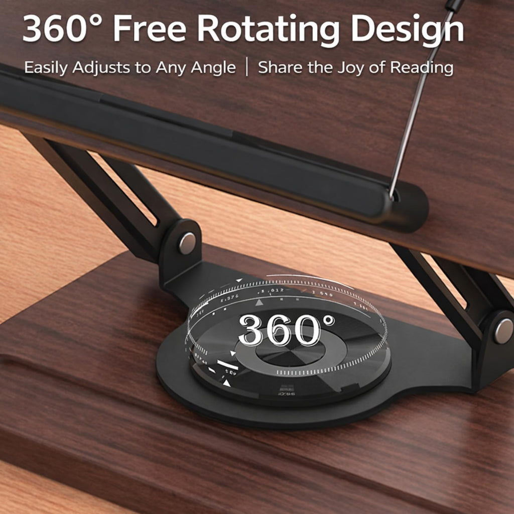 Wooden Book Stand for Reading with 360° Rotating Base, Adjustable Book Stand with Page Clips, Cookbook Stand for Kitchen Counter, Book Holder for Desk, Textbook, Tablet & Recipe Books