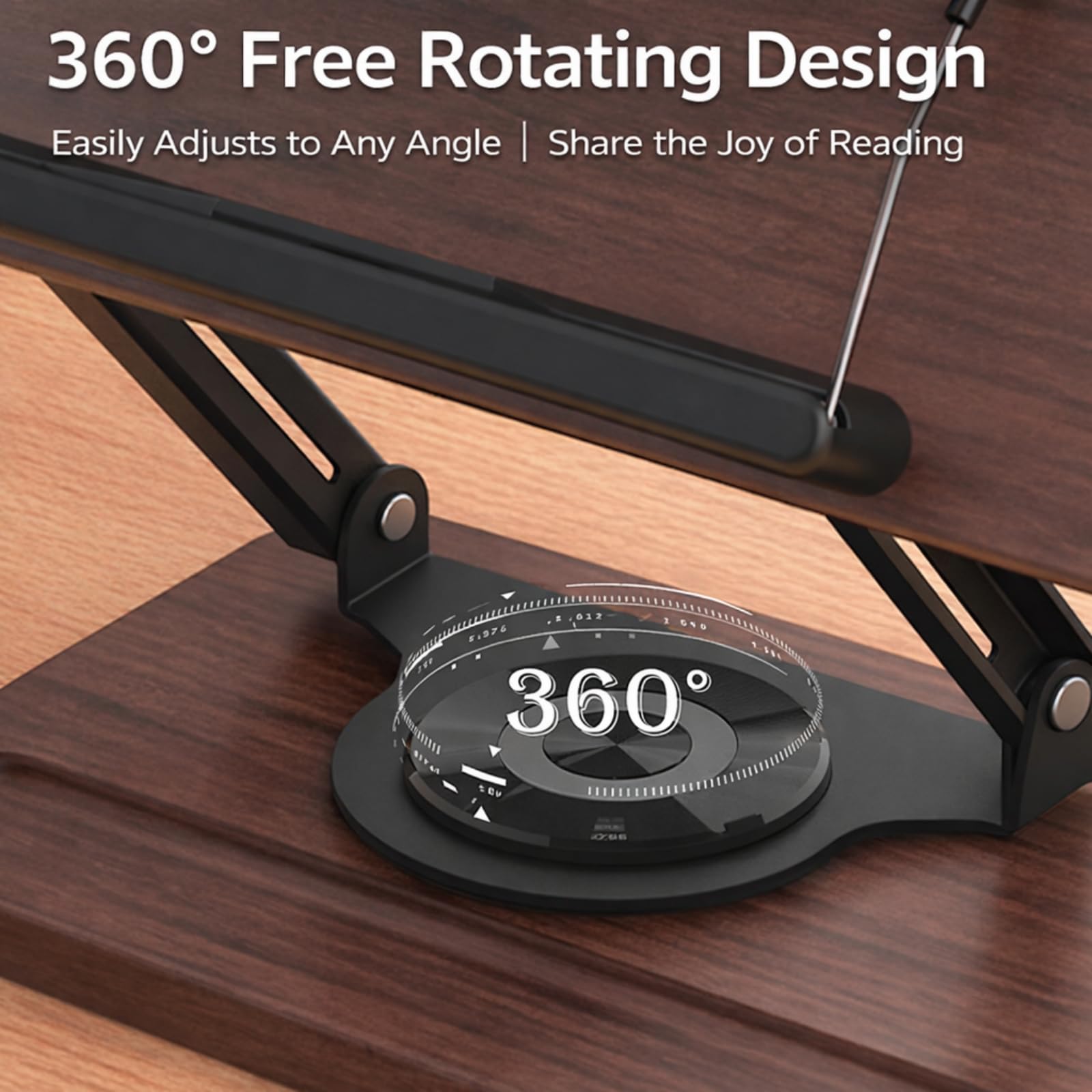 Wooden Book Stand for Reading with 360° Rotating Base, Adjustable Book Stand with Page Clips, Cookbook Stand for Kitchen Counter, Book Holder for Desk, Textbook, Tablet & Recipe Books