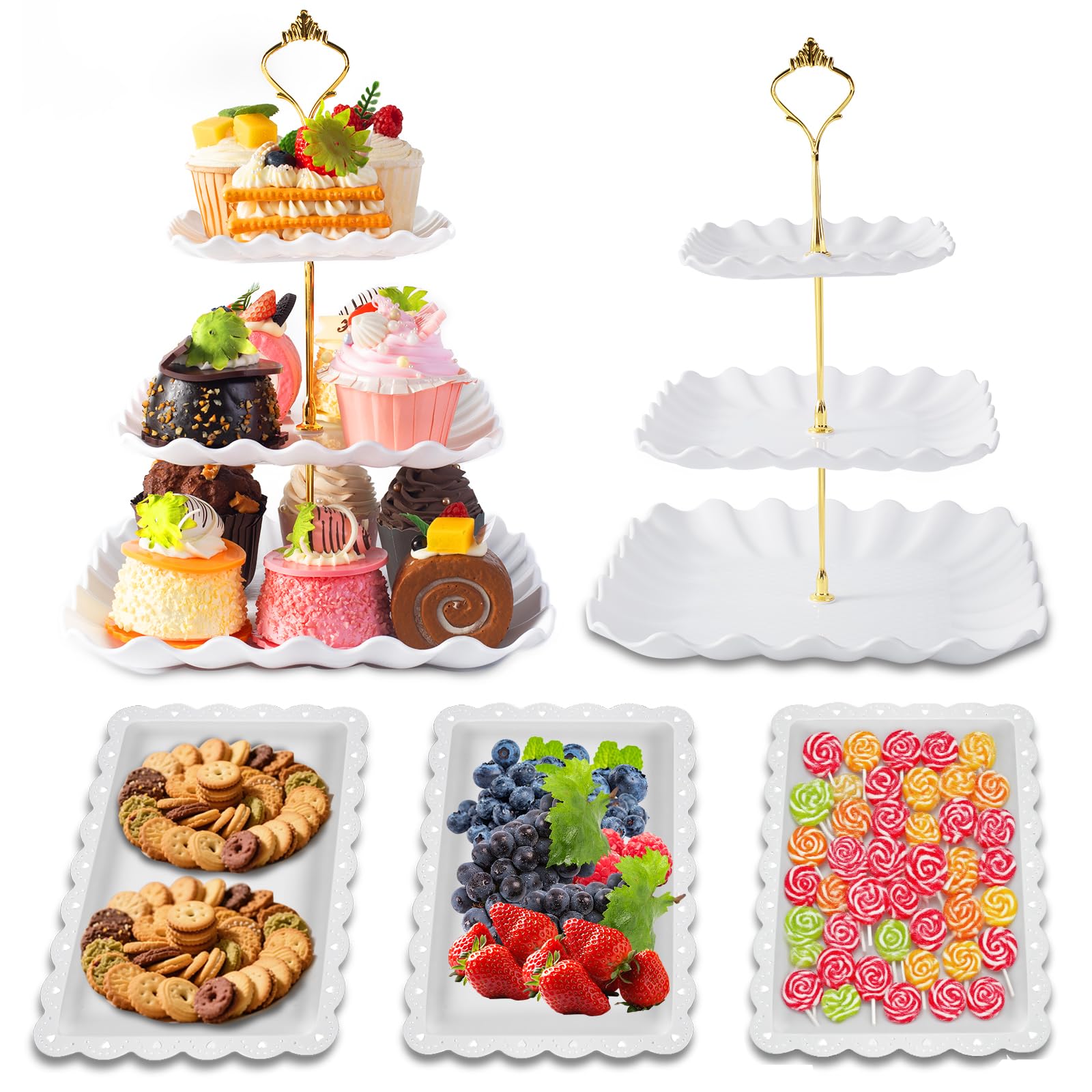 5 Pack Dessert Table Display Set, 2 Sets 3 Tier Cupcake Stand, 3 Pcs Food Serving Trays, Tiered White Plastic Cup Cake Tower for Birthday Baby Shower Wedding and Tea Party Supplies (5, Large)