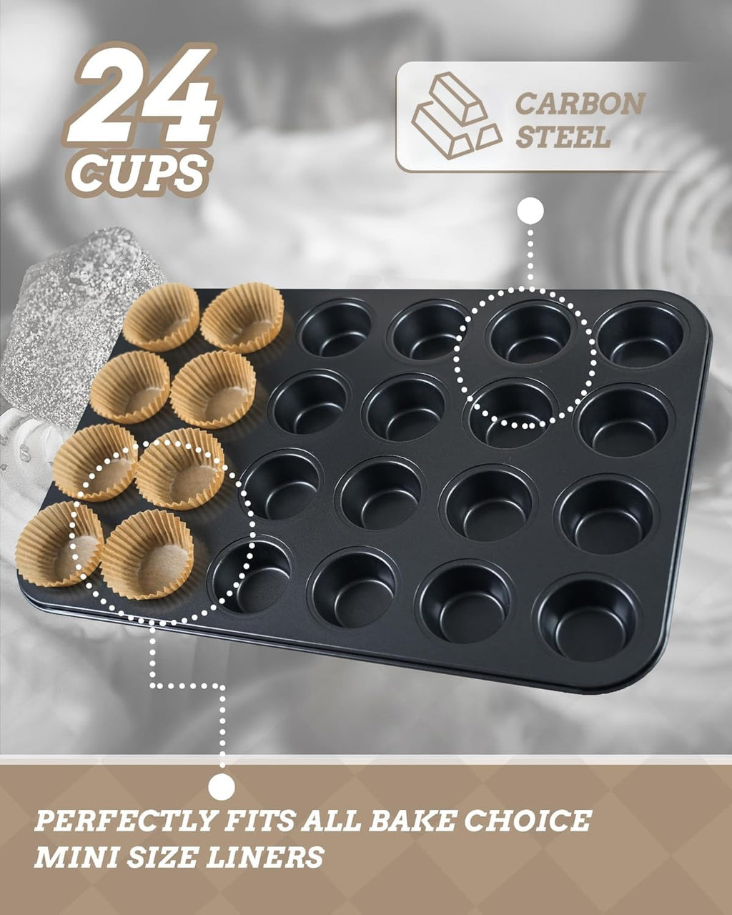 Bake Choice Mini Muffin Pan Includes 200 Cupcake Liners, Muffin Pan, Mini Cupcake Pan, 24 Cup Carbon Steel Muffin Tin for Baking