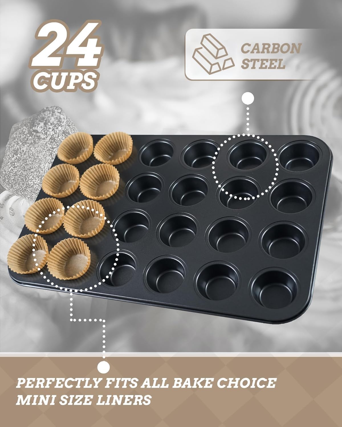 Bake Choice Mini Muffin Pan Includes 200 Cupcake Liners, Muffin Pan, Mini Cupcake Pan, 24 Cup Carbon Steel Muffin Tin for Baking