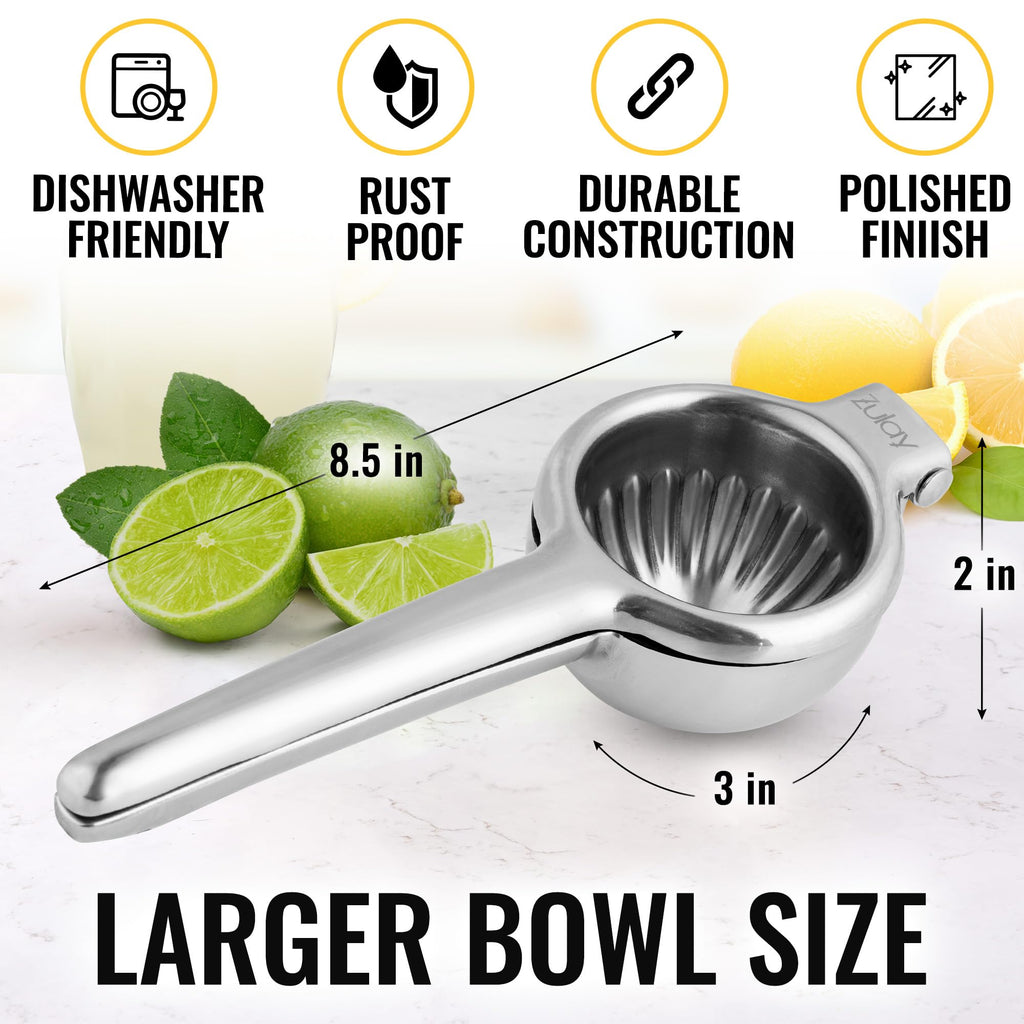 Zulay Large Lemon Squeezer Stainless Steel - Easy Squeeze Manual Heavy Duty Lemon Juicer Hand Press - Ergonomic Citrus Squeezer & Fruit Juicer for Small Oranges, Lemons, & Limes - Stainless Steel