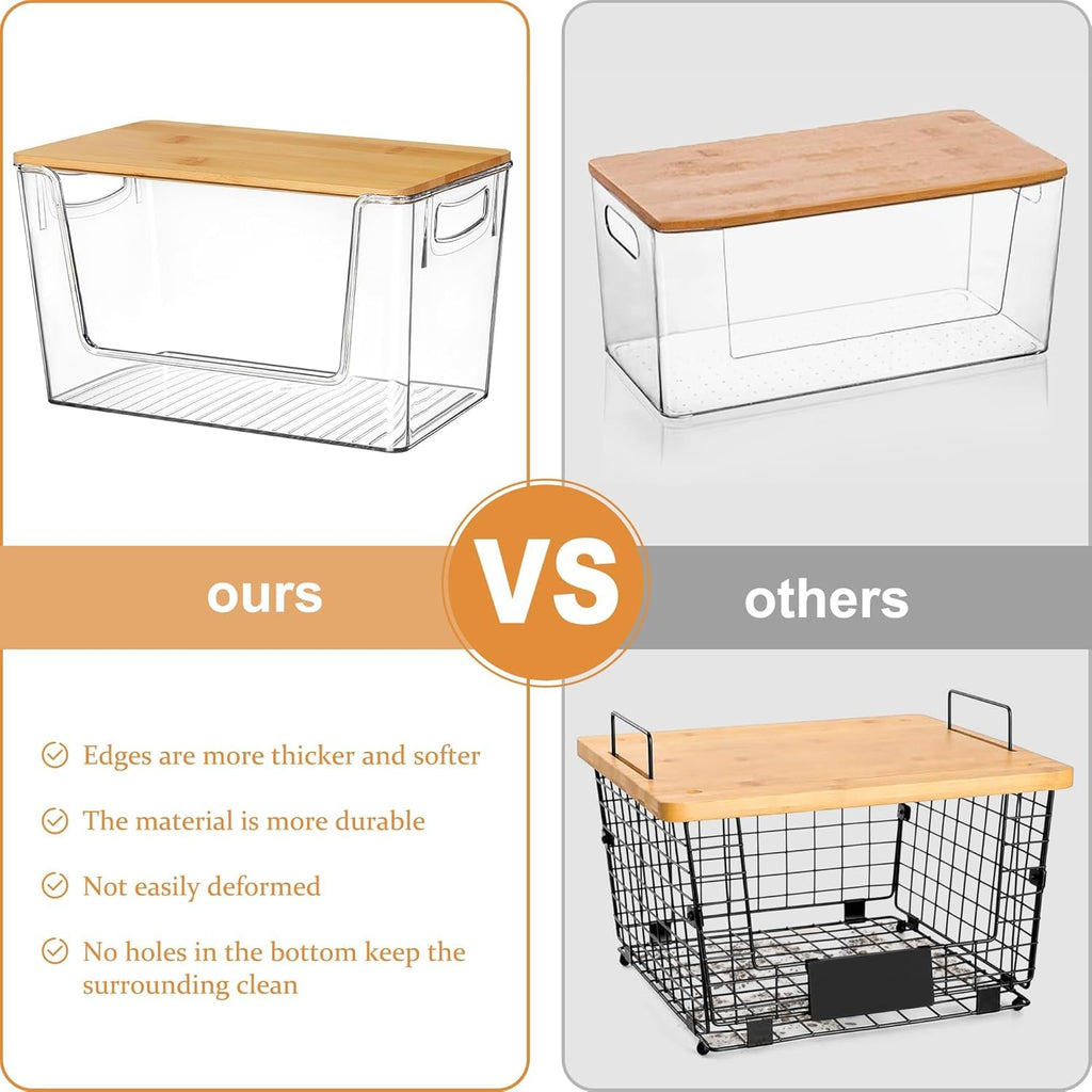 Pantry Organizers Storage, 2 Pack Large Capacity Clear Storage Bins with Bamboo Lids for Onion, Potato, Garlic, Canned Food, Under Sink Organizer Kitchen Countertop Organizer