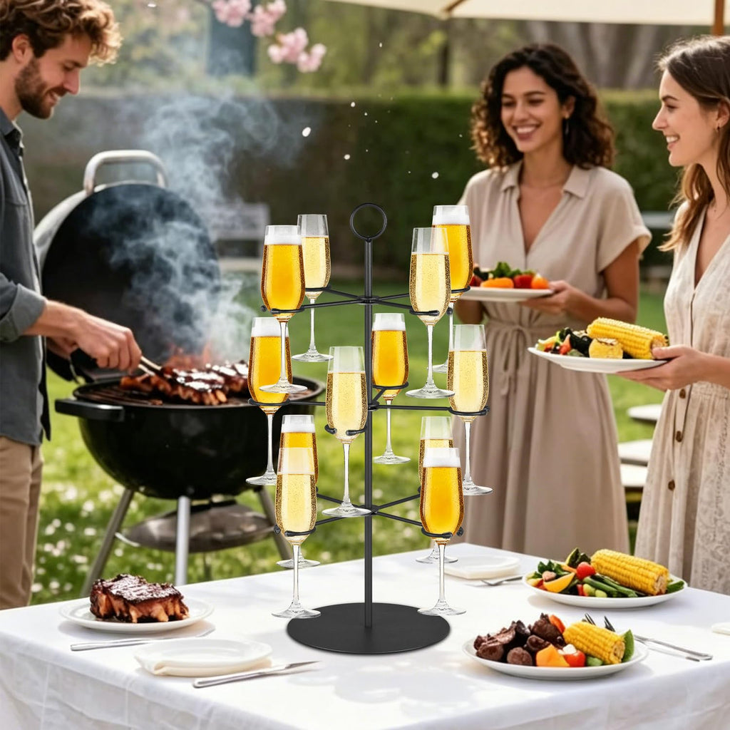 QPIX DIGITAL Cocktail Tree Stand for Parties Brunch,3 Tiers 12 Holders Wine Glass Holder Stand,Champagne Tower Martinis Tree Wine Glasses Display for Mimosa Bar Parties Bridal Shower Weddings