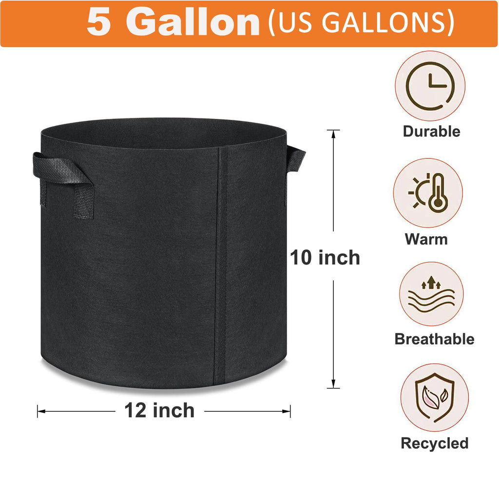 Grow Bags 5 Gallon 5 Pack Fabric Pots 300g Heavy Duty Thickened Nonwoven Plant Grow Bags with Handles for Vegetable Tomato Potato Fruits Flowers Garden Pots for Plants Indoor Outdoor(12" Dia x 10" H)