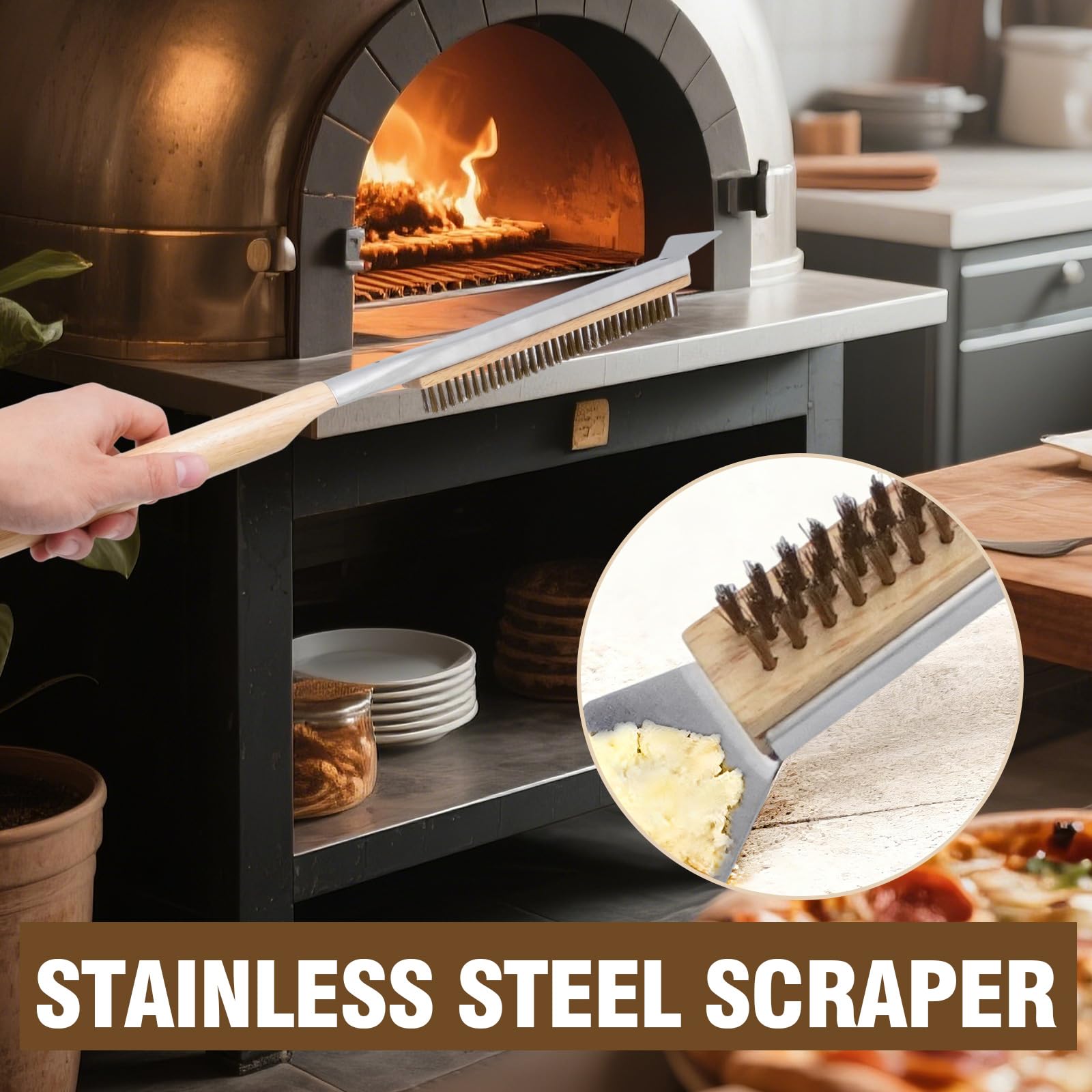 ZUDKSUY Pizza Oven Cleaning Brush with Stone Scraper, 21-inch Brush for Pizza Ovens, Suitable for Indoor and Outdoor Pizza Ovens and Restaurants