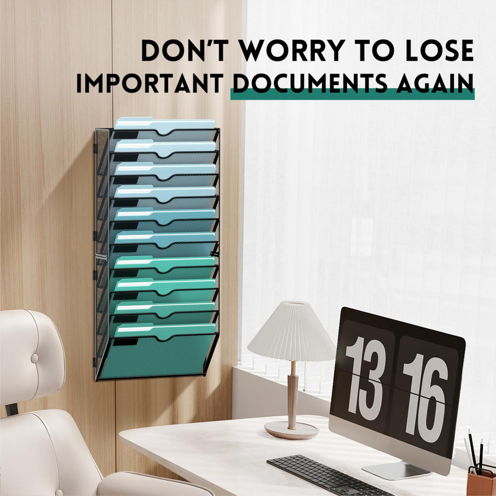 SUPEASY 10-Tier Wall File Organizer, Mesh Hanging File Folder Holder, Black Metal