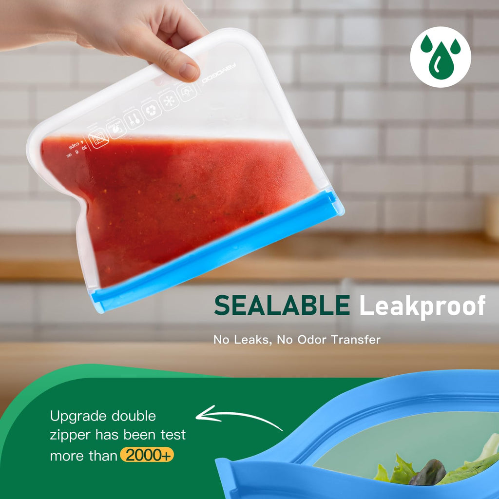 FAYOGOO Reusable Silicone Food Storage Bags 8 Pack Extra Large With Rack Dishwasher Safe Gallon Soup Liquid Bags Freezing
