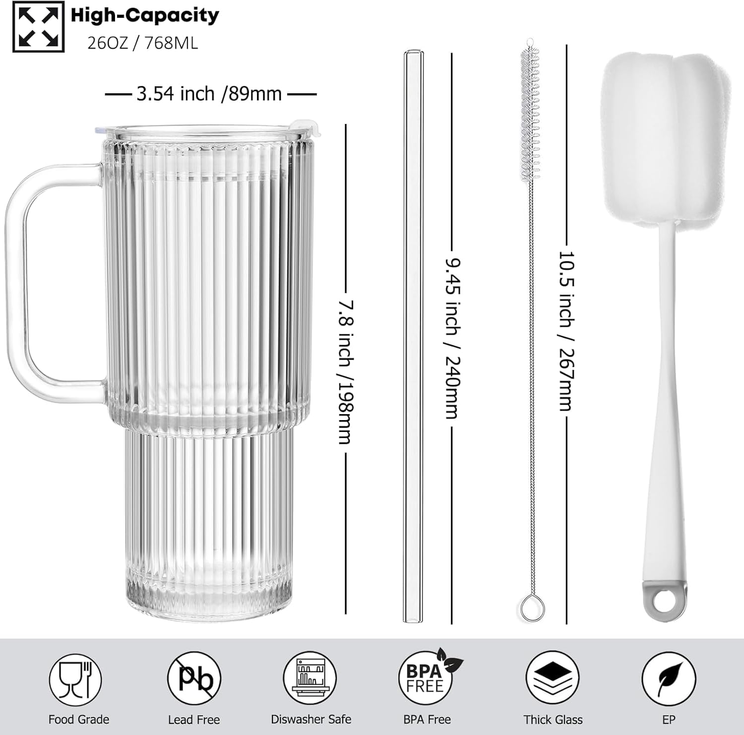 ALINK 2 Pack 26 oz Ribbed Glass Tumbler with Handle Lid and Straw,Glassware Set Ripple Large Iced Coffee Cups, Aesthetic Glass Travel Tumbler for Hot & Cold Beverages, Smoothies, Tea and Juice