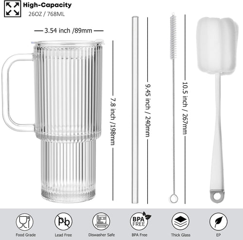 26oz Ribbed Glass Tumbler with Handle & Lid – 2-Pack Large Iced Coffee Cups with Straws, Modern Glass Mug for Cold & Hot Beverages, Aesthetic Travel Cup for Smoothies, Tea, and Juice