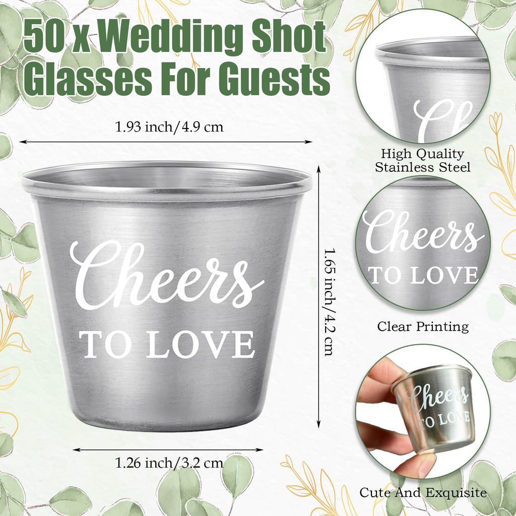 50 Set Wedding Favors for Guests Bulk - 1.5oz Cheers to Love Stainless Steel Shot Glasses with Thank You Cards and Organza Bags Souvenir Gifts for Guests Engagement, Wedding, Bridal Party