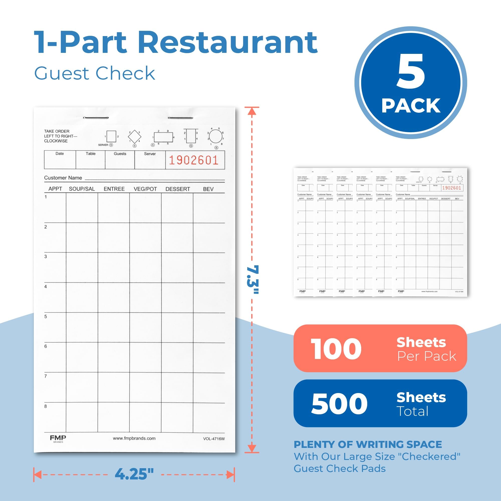 FMP Brands (500 Sheets) Server Note Pads Paper, Guest Check for Servers, Guest Check Pads, Order Pads for Servers, Waitress Notepads, Server Pads for Restaurant, Bar, Cafe, 5 Pads, 100 Sheets/Pad