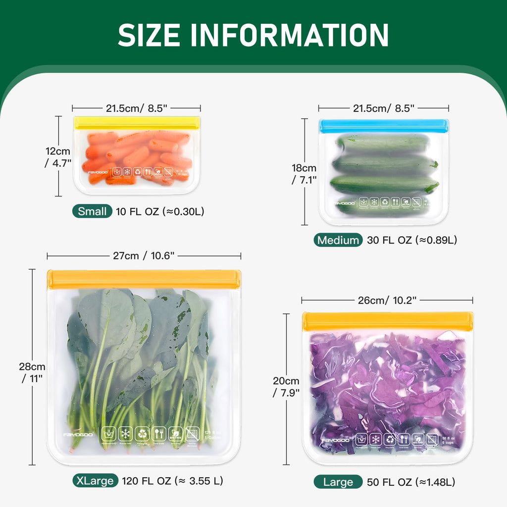 FAYOGOO Reusable Silicone Food Storage Bags 8 Pack Extra Large With Rack Dishwasher Safe Gallon Soup Liquid Bags Freezing
