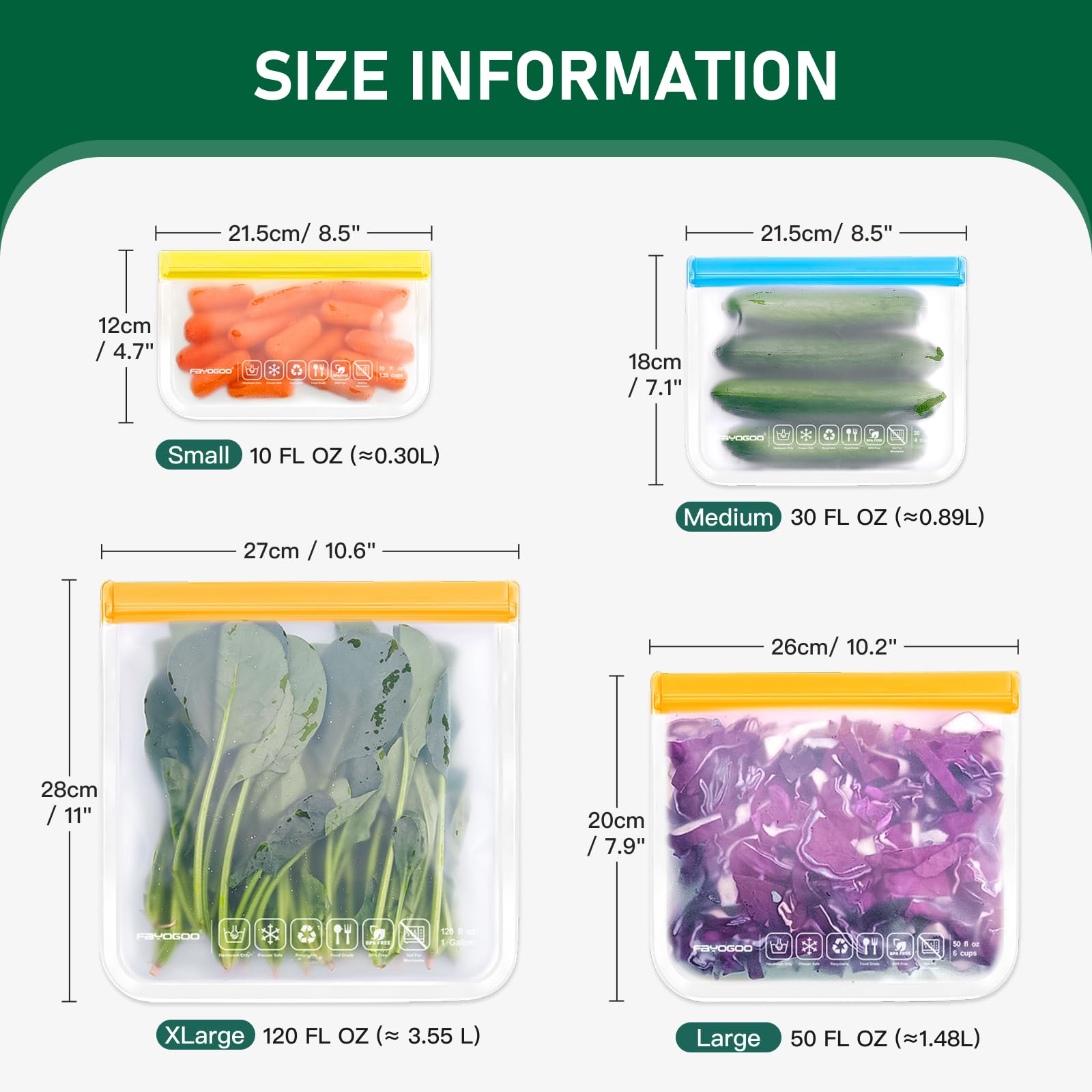 FAYOGOO Reusable Silicone Food Storage Bags 8 Pack Extra Large With Rack Dishwasher Safe Gallon Soup Liquid Bags Freezing