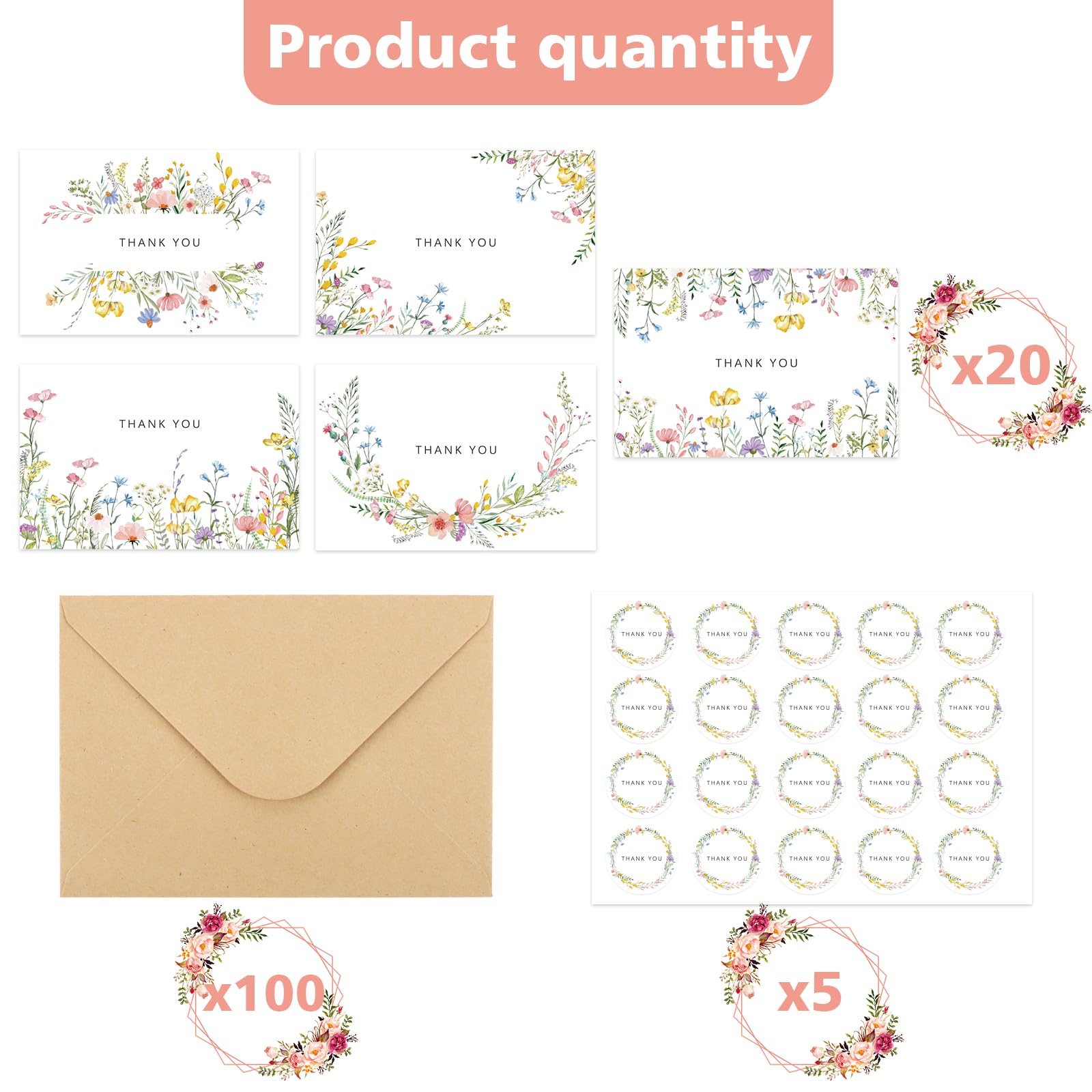 Lemicin 100 Packs Wildflower Thank You Cards with Envelopes -4x6 Inches Thank You Letter Set with Envelopes and Stickers for Birthday Parties Baby Showers Bridal Weddings Graduation Ceremonies