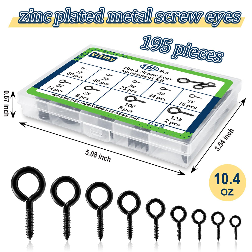 Vifmy Screw Eyes Assortment Kit(195Pcs),0.75" 0.78" 0.90" 1" 1.1" 1.18" 1.39" 1.57" 1.75" Zinc Plated Eyelet Screws,Metal Small Tapping Screw Hooks Ring,Black