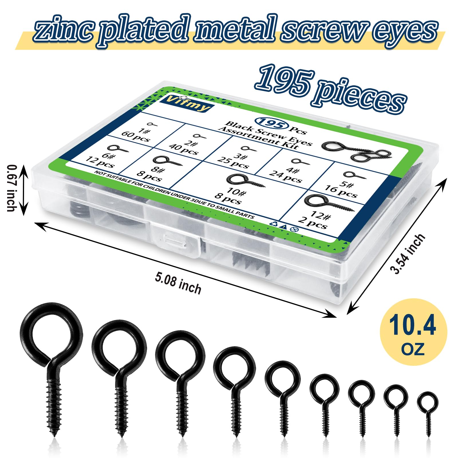 Vifmy Screw Eyes Assortment Kit(195Pcs),0.75" 0.78" 0.90" 1" 1.1" 1.18" 1.39" 1.57" 1.75" Zinc Plated Eyelet Screws,Metal Small Tapping Screw Hooks Ring,Black