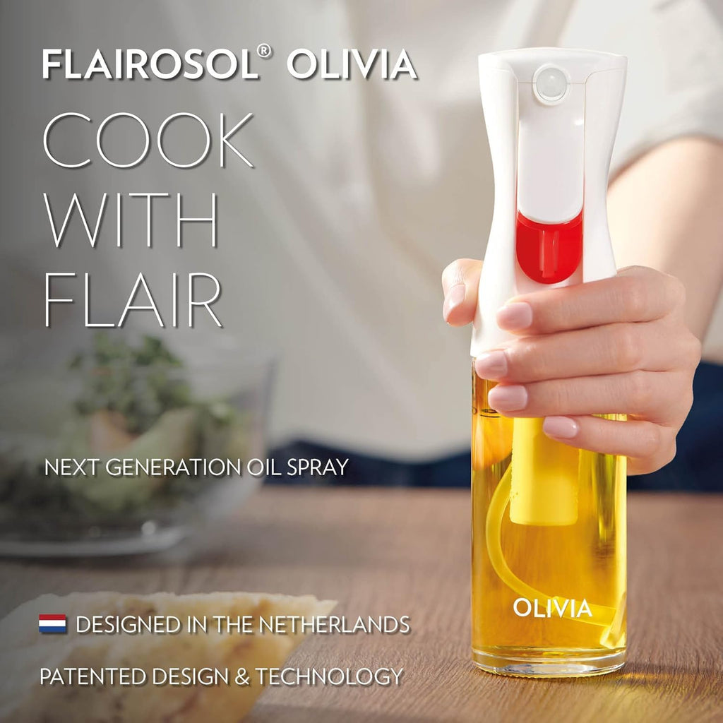 FLAIROSOL OLIVIA. The Original, Oil Sprayer for Cooking, 130ml Olive Oil Mister Spray Bottle, Continuous Spray Bottle for Kitchen, Cooking, Baking, Salad, BBQ (Glass Bottle, White Print)