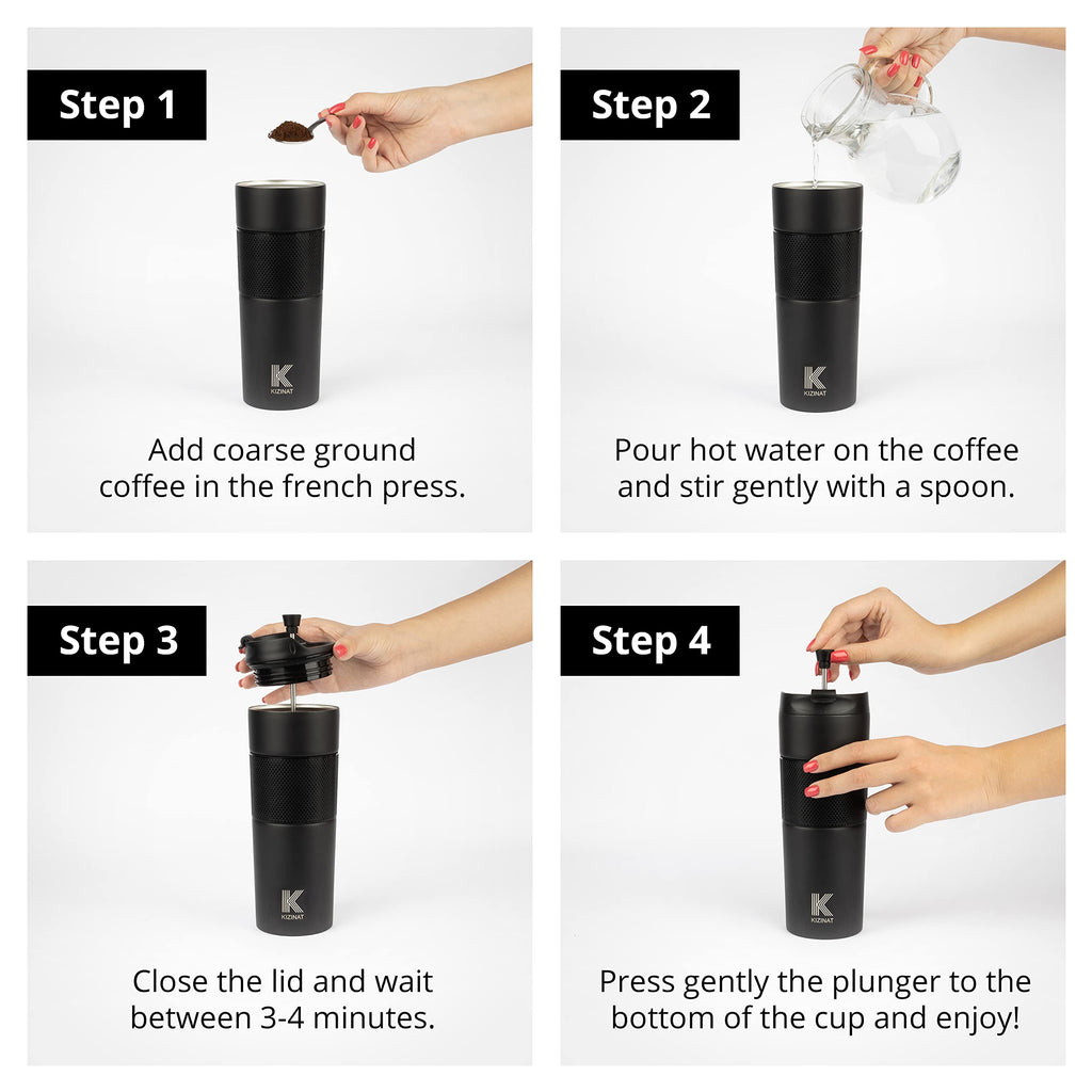 French Press Coffee Travel Mug - Portable Coffee Maker - French Press - Perfect for Tea and Coffee - Hot and Cold Coffee Press Brewer Thermoses Cup - Black - 450ml 15oz Stainless Steel