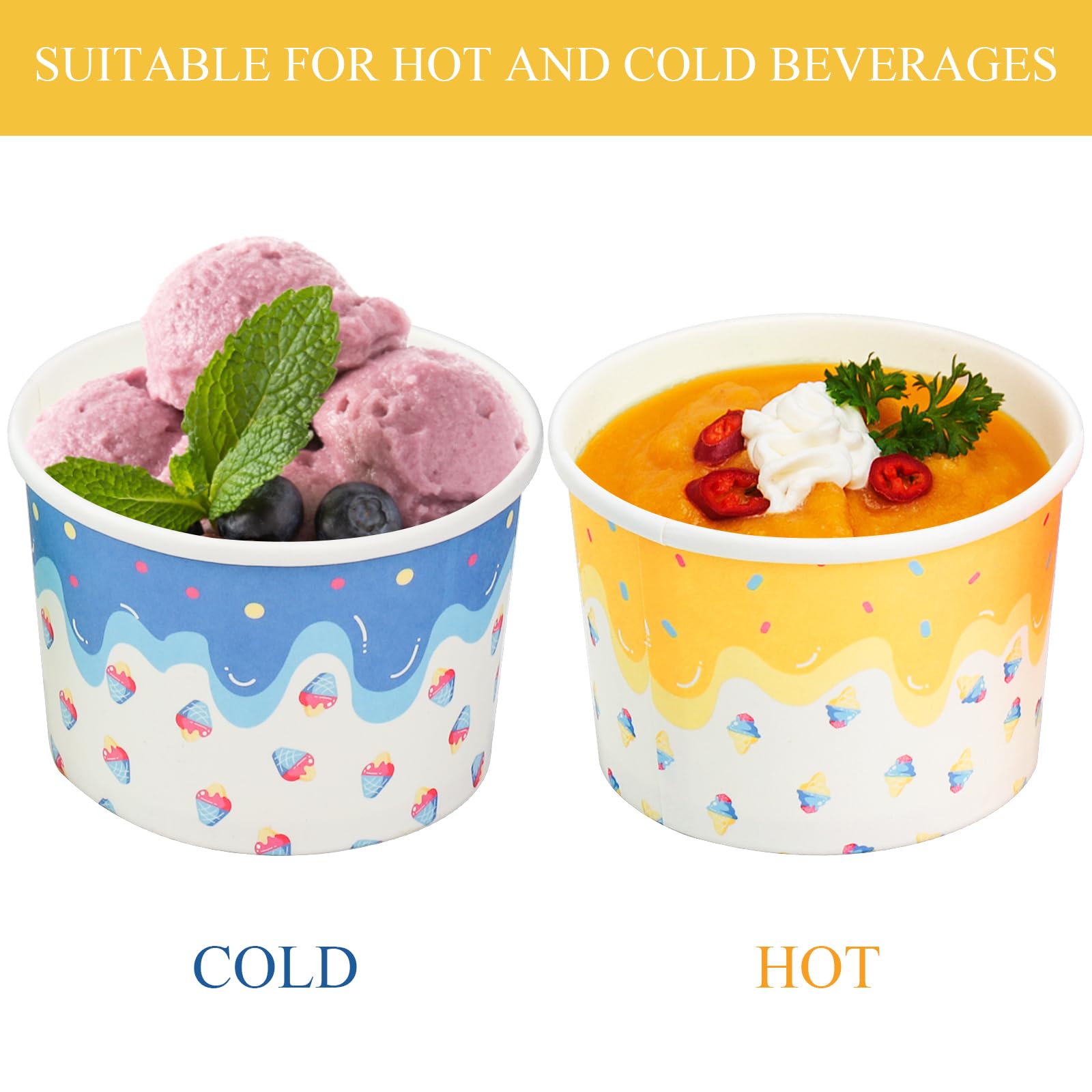 Lawei 100 Pack Ice Cream Cups, 8 Oz Disposable Paper Ice Cream Sundae Bowls for Cold and Hot Foods, Party Supplies Treat Cups dessert bowls for Ice Cream, Sundae, Frozen, Yogurt, Soup, Snack, 4 Colors