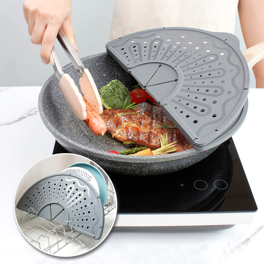 Silicone Splatter Screen for 10, 11 and 12 Inch Frying Pan, Foldable Splash Guard, Multi-Use Grease Splatter Guard/Trivet Mat, 12" Non-Stick Oil Splatter Guard, Dishwasher Safe, BPA Free, Gray