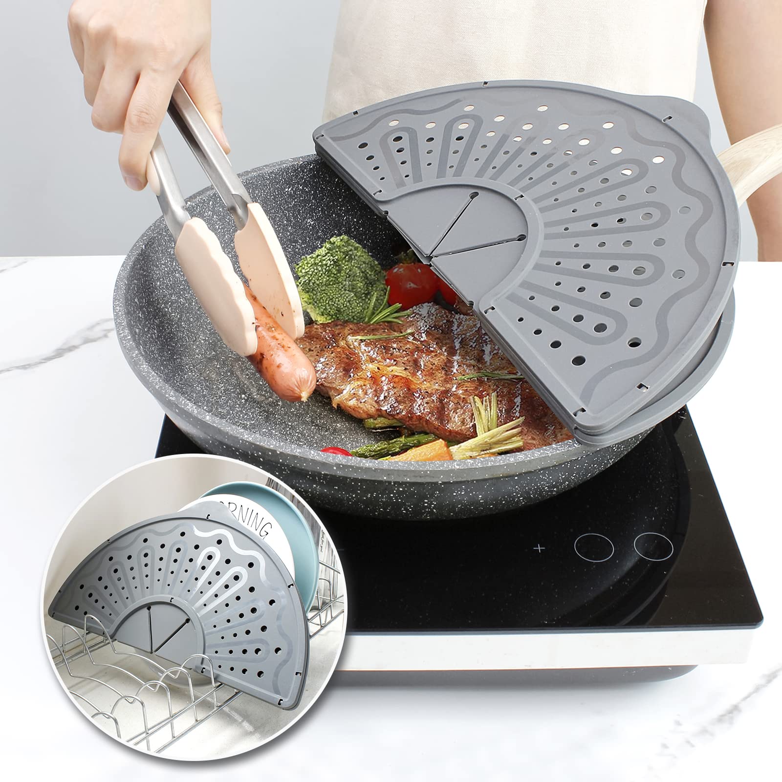 Silicone Splatter Screen for 10, 11 and 12 Inch Frying Pan, Foldable Splash Guard, Multi-Use Grease Splatter Guard/Trivet Mat, 12" Non-Stick Oil Splatter Guard, Dishwasher Safe, BPA Free, Gray