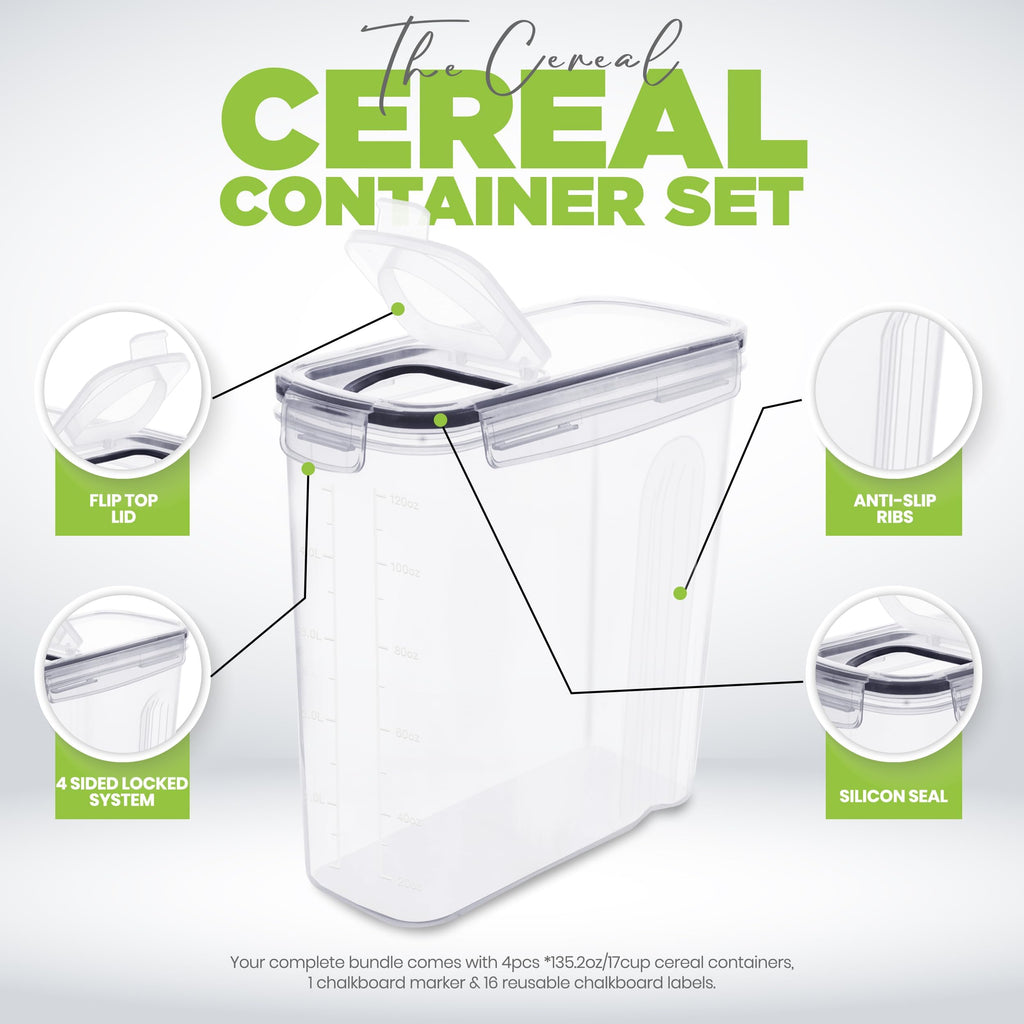 KICHLY Pack of 4 Cereal Containers Storage - Cereal Dispenser & Food Storage Containers for Pantry Organization and Storage -Food Dispensers for Kitchen Counter and Cookie Jars