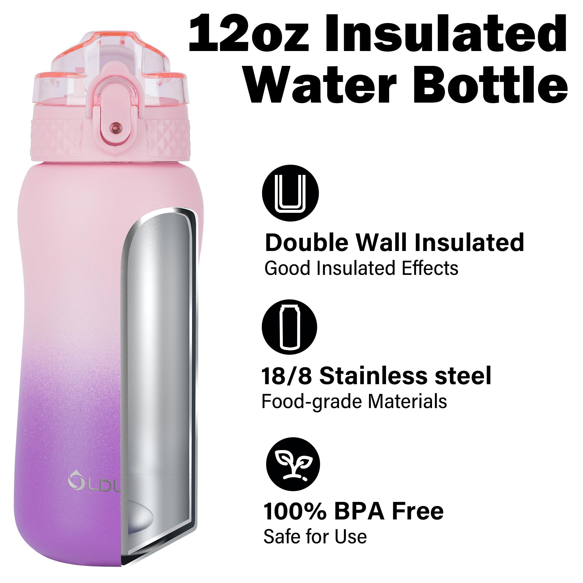 Oldley Insulated Water Bottle 12oz Kids Water Bottles with Straw, Stainless Steel Water Bottle with 2 Lids,Double Wall Vacuum Bottle, Leak-Proof Sport Bottles for School Travel, Ombre Pink-Purple