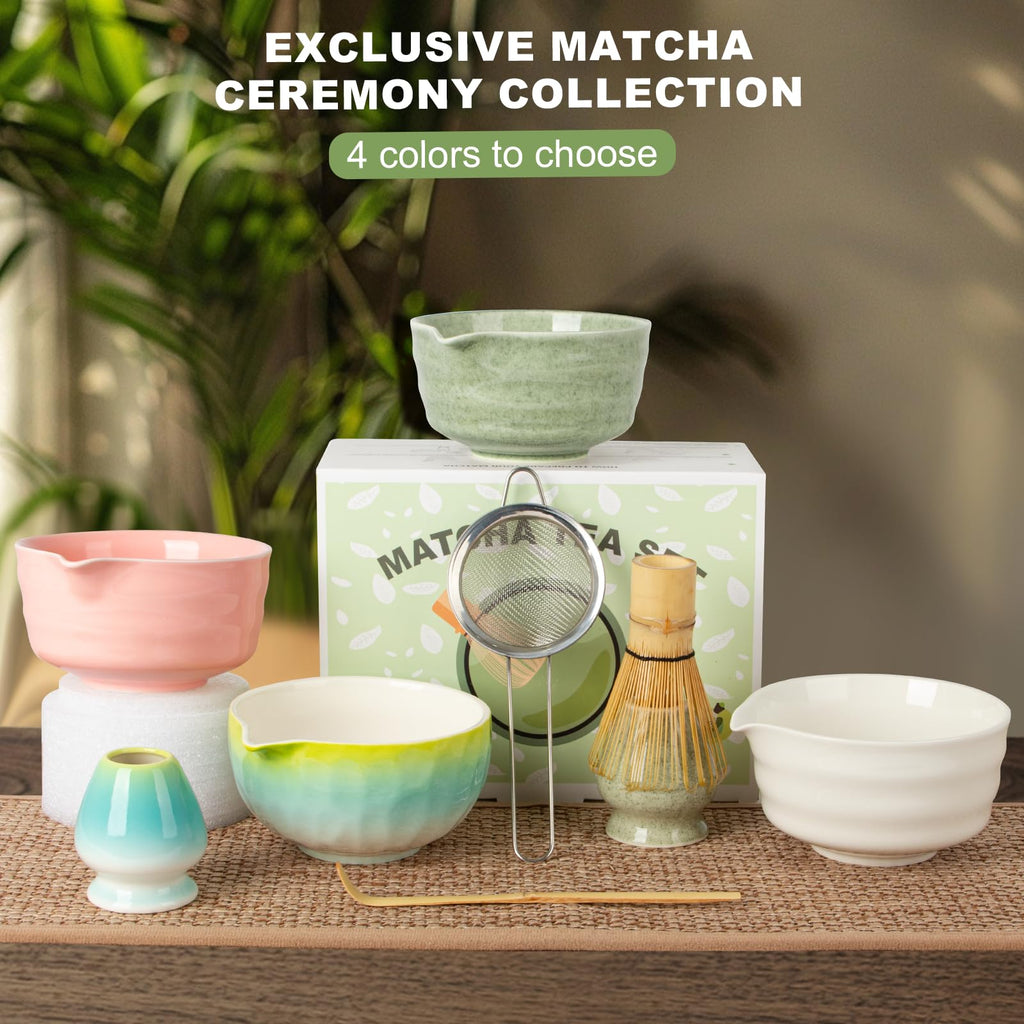 Matcha Whisk Set, 5 Pcs Ceramic Matcha Set Includes Bowl with Spout, Whisk, Holder, Bamboo Scoop and Sifter, Matcha Tea Kit for Matcha Lovers, Ideal Gift for Christmas, Birthday, Green