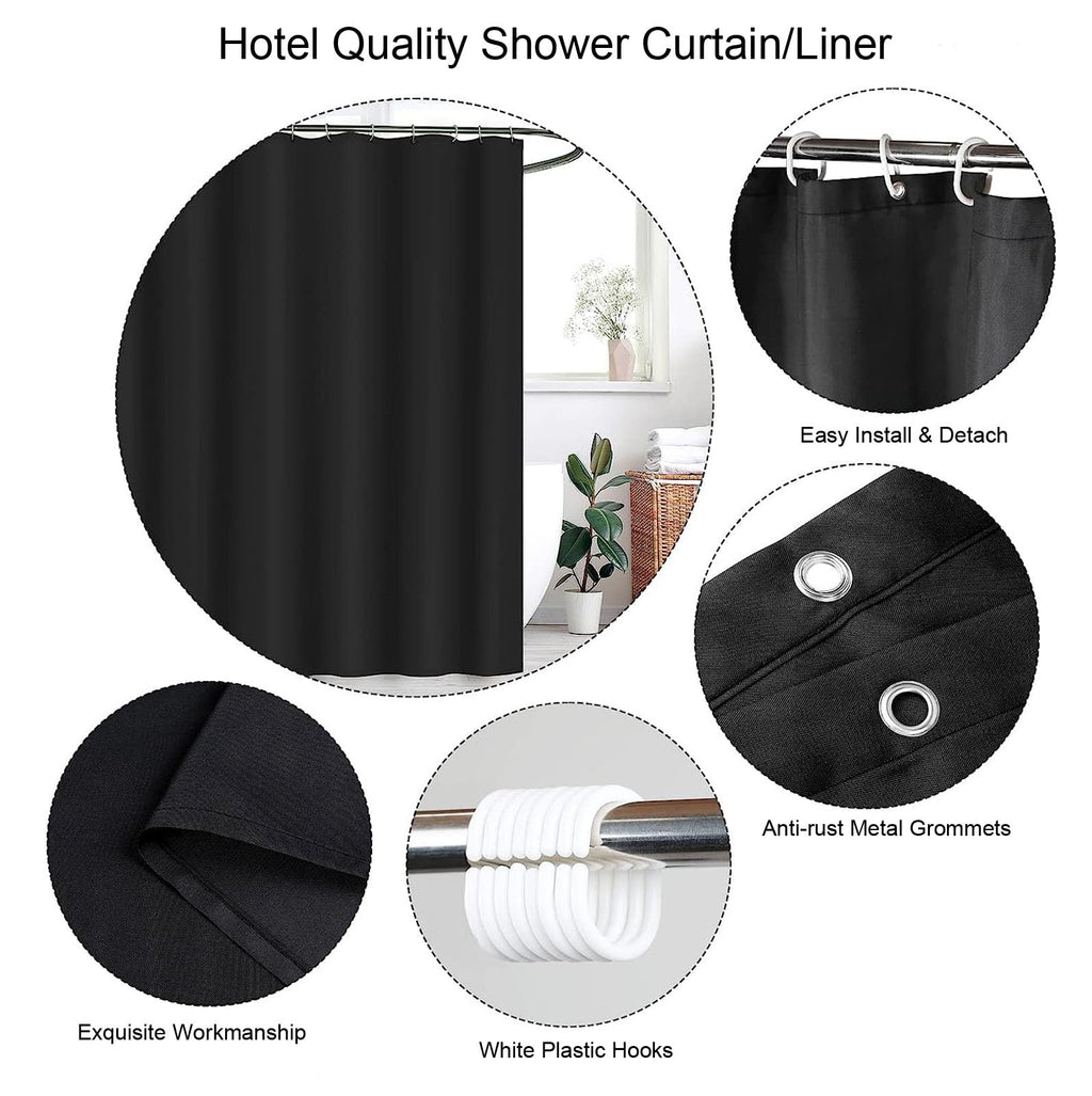 Keliniz Fabric Black Shower Curtain Liner 72x72 Inches Long,Washable Soft Cloth Bathroom Curtain with 12 Hooks, Decorative Luxury Spa Shower Liner,Water Repellent,Wrinkle-Free, 183x183CM