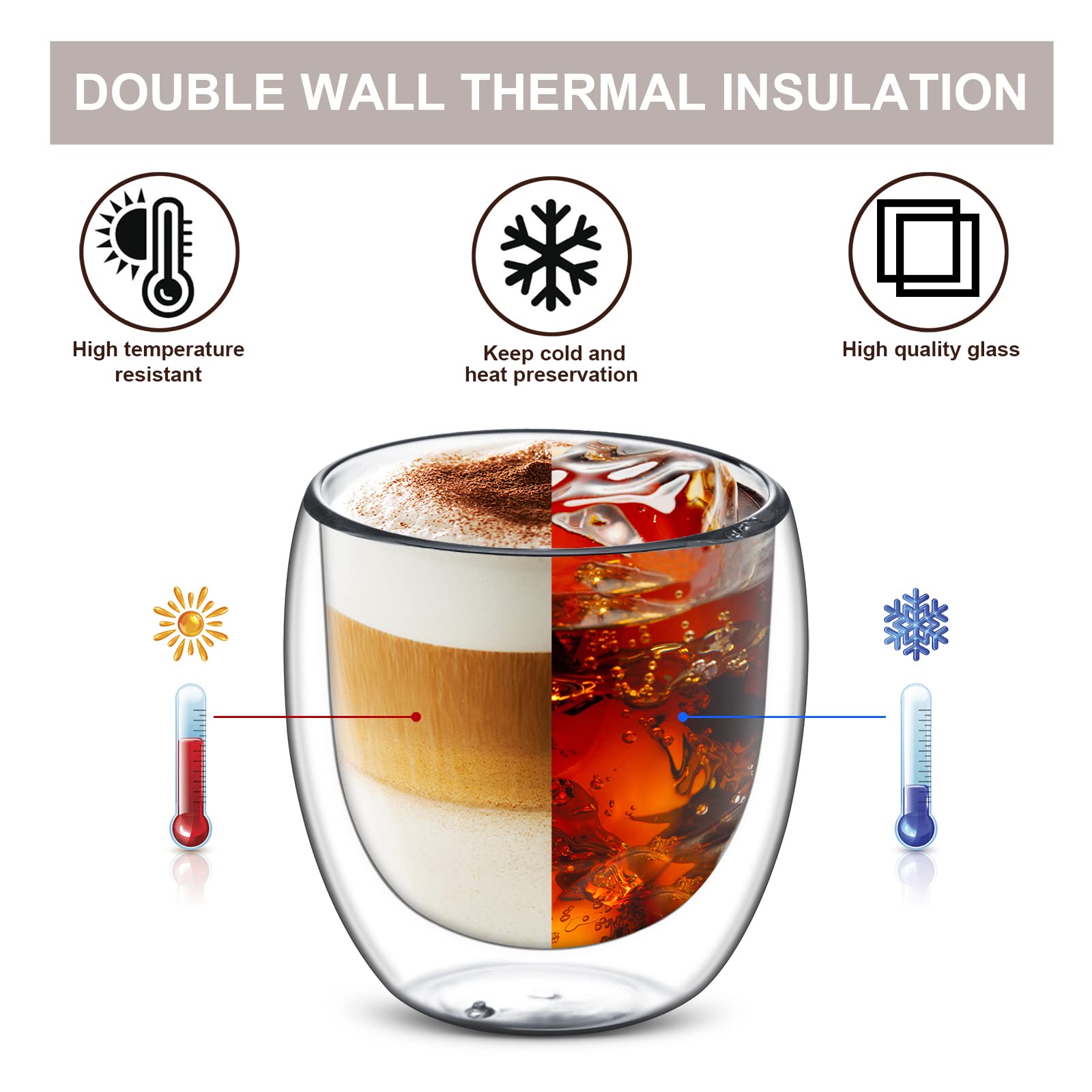 Set of 4 Cappuccino Glass Mugs,Double Wall Insulated Coffee Mugs,Clear Glass Mugs,Glass Coffee Cups,Perfect for Latte, Americano, Espresso,Cappuccinos,Tea, Beverage(250ml)