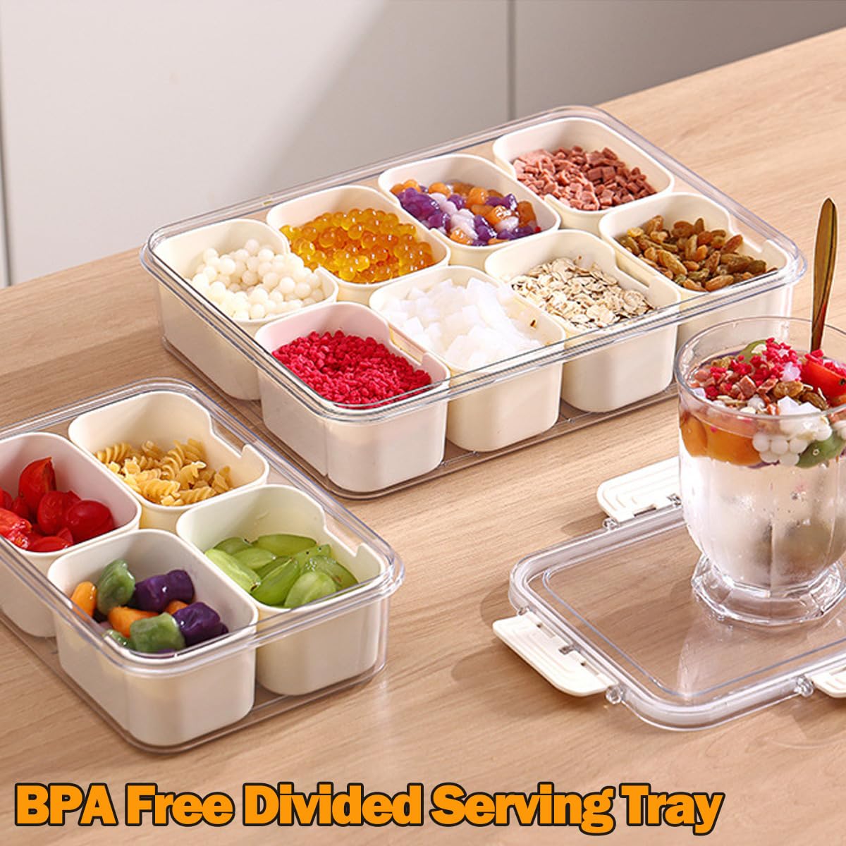 KIGITIONE 2 Pack Snackle Box Container, 8 Compartments Snack Box, Portable Serving Tray with Lid and Foldable Handle, Snack Organizer for Fruits, Snacks, Nuts, Veggies, Ideal for Travel & Picnics