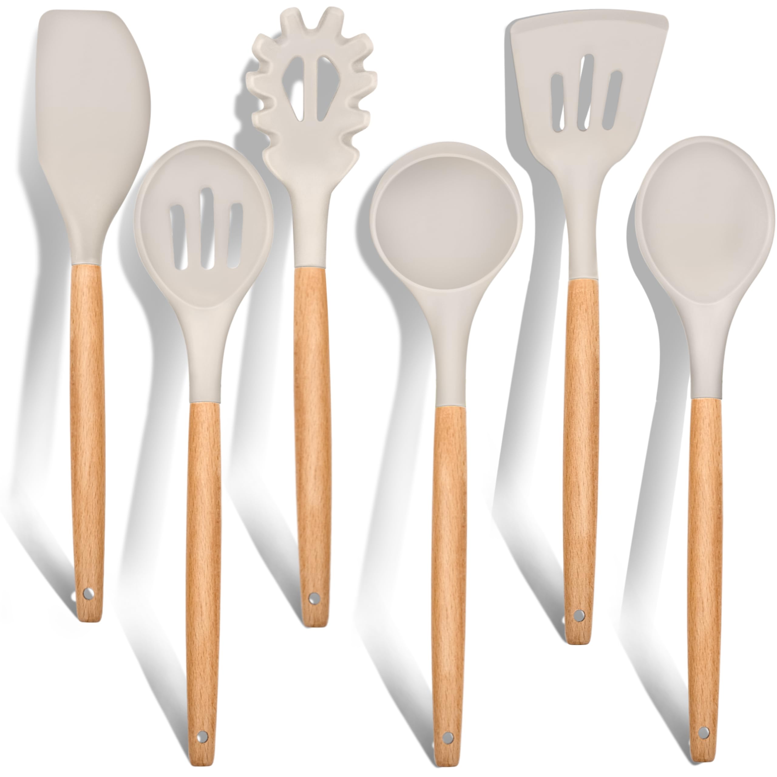 E-far Cooking Utensils Set of 6, Silicone Kitchen Utensils with Wooden Handle, Non-stick Cookware Friendly & Heat Resistant, Includes Spatula/Ladle/Slotted Turner/Serving Spoon/Spaghetti Server(Khaki)