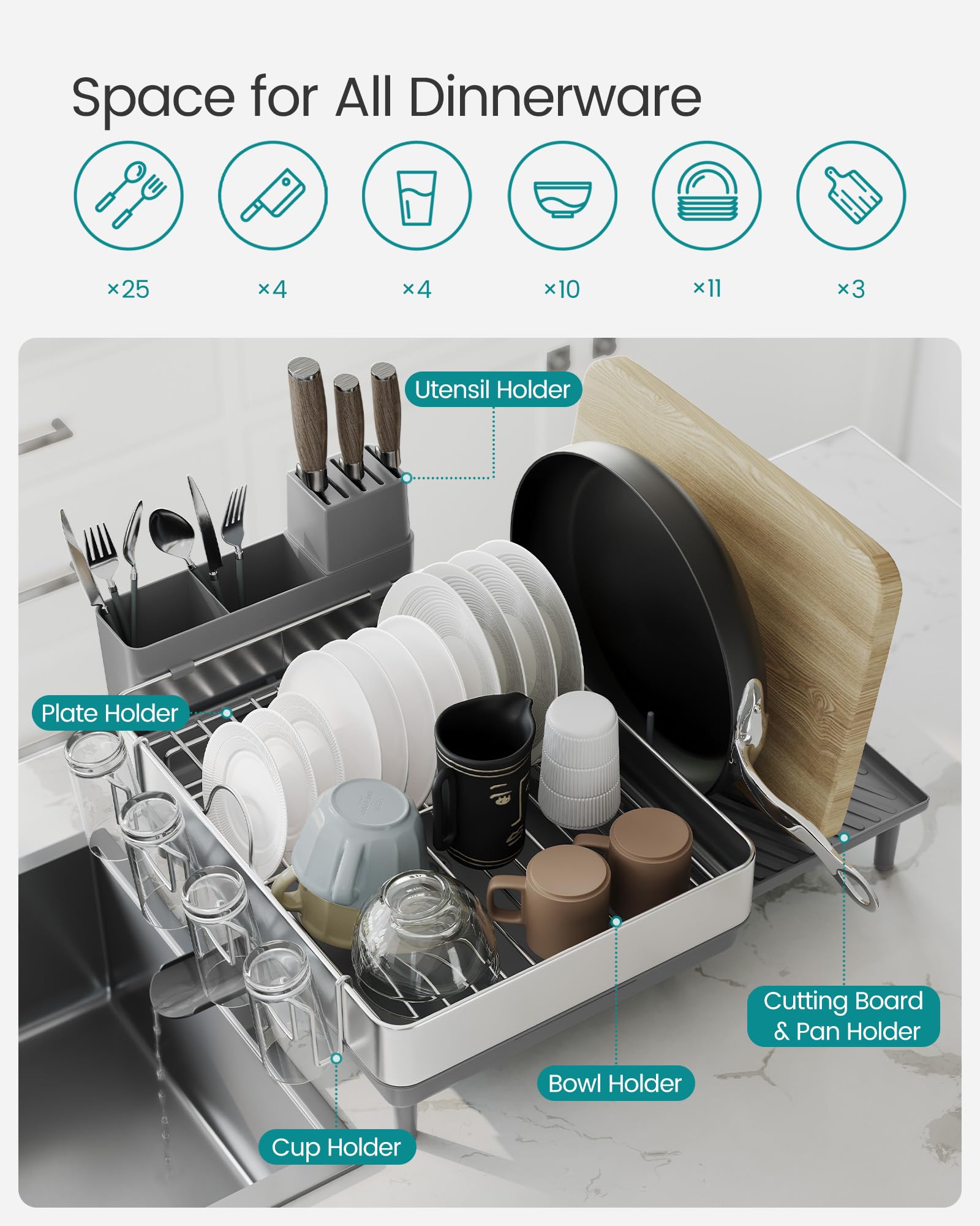 SONGMICS Dish Drying Rack, Expandable Dish Dryer for Kitchen Counter, Stainless Steel Dish Rack with Extendable Spout, Utensil, Cup, Glass, Cutting Board and Pan Holders, Silver and Gray UKCS037G01