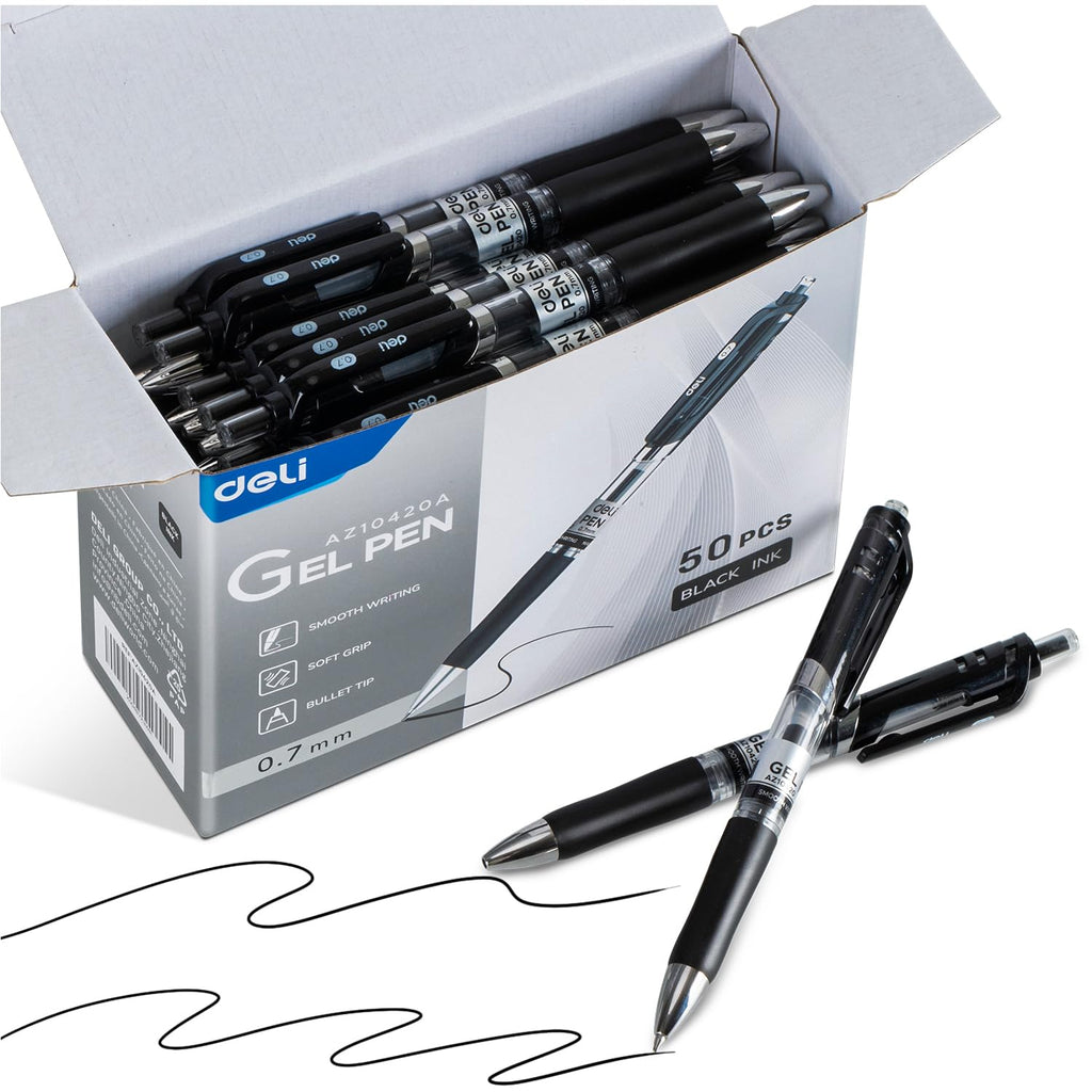 Deli Gel Pens, 50 Pcs Retractable Pens Black Ink, Medium Point Pen 0.7mm, Smooth Writing, Fast Dry, No Bleed for Journaling Note Taking, Home School Office Supplies
