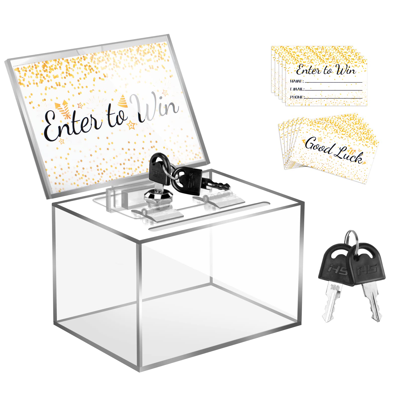 HOEMEM Acrylic Donation Box with 100 Pcs Raffle Tickets, Clear Ballot Box with Lock & Sign Holder Safe Suggestion Box Storage Container for Fundraising Voting Tip Jar (6" x 4.3" x 4")