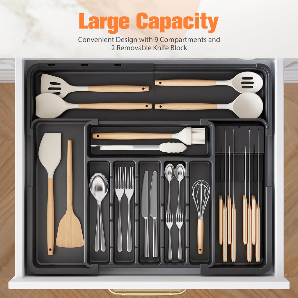 Ceecysaa Cutlery Organizer with 2 Removable Knife Blocks, Expandable Utensil Tray,Adjustable Cutlery Tray Drawer Organizer for Spoons, Knives, Kitchen Organizers and Storage,ABS,Black(6-9 Slots)