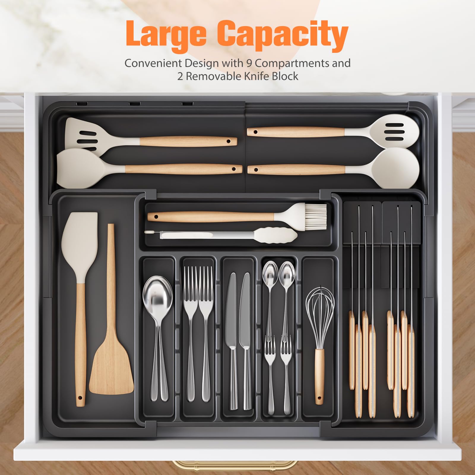 Ceecysaa Cutlery Organizer with 2 Removable Knife Blocks, Expandable Utensil Tray,Adjustable Cutlery Tray Drawer Organizer for Spoons, Knives, Kitchen Organizers and Storage,ABS,Black(6-9 Slots)