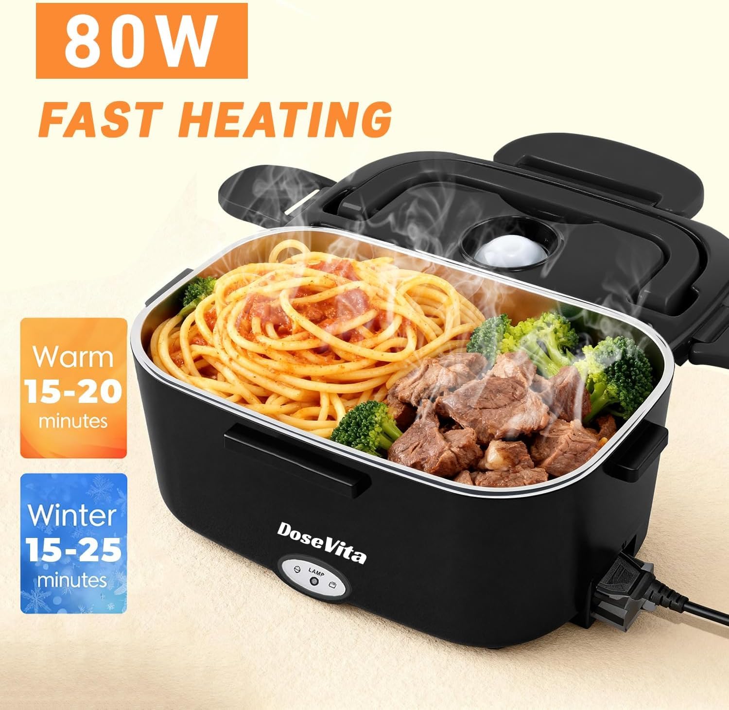 Dosevita Electric Lunch Box for Adults, 80W Heated Lunch Box 1.5L 304 Stainless Steel Portable Food Warmer,12/24/110V Lonchera Eléctrica Portátil for Car, Truck, Work, Travel (Black1)