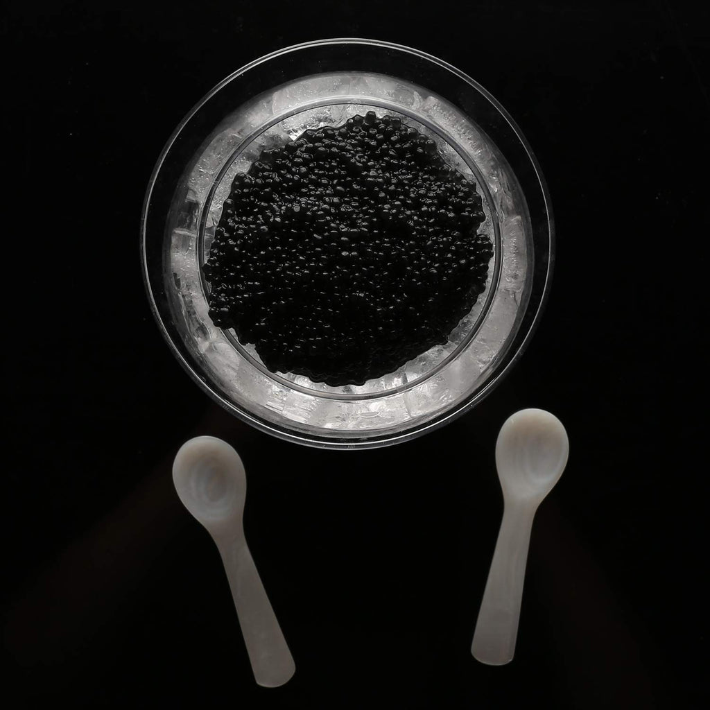 DUEBEL Glass Caviar Chiller Server Set Plus 2 pcs. x Mother of Pearl Caviar Spoon 3.15" - Universal Martini, Wine, Liquor Cocktail Chiller