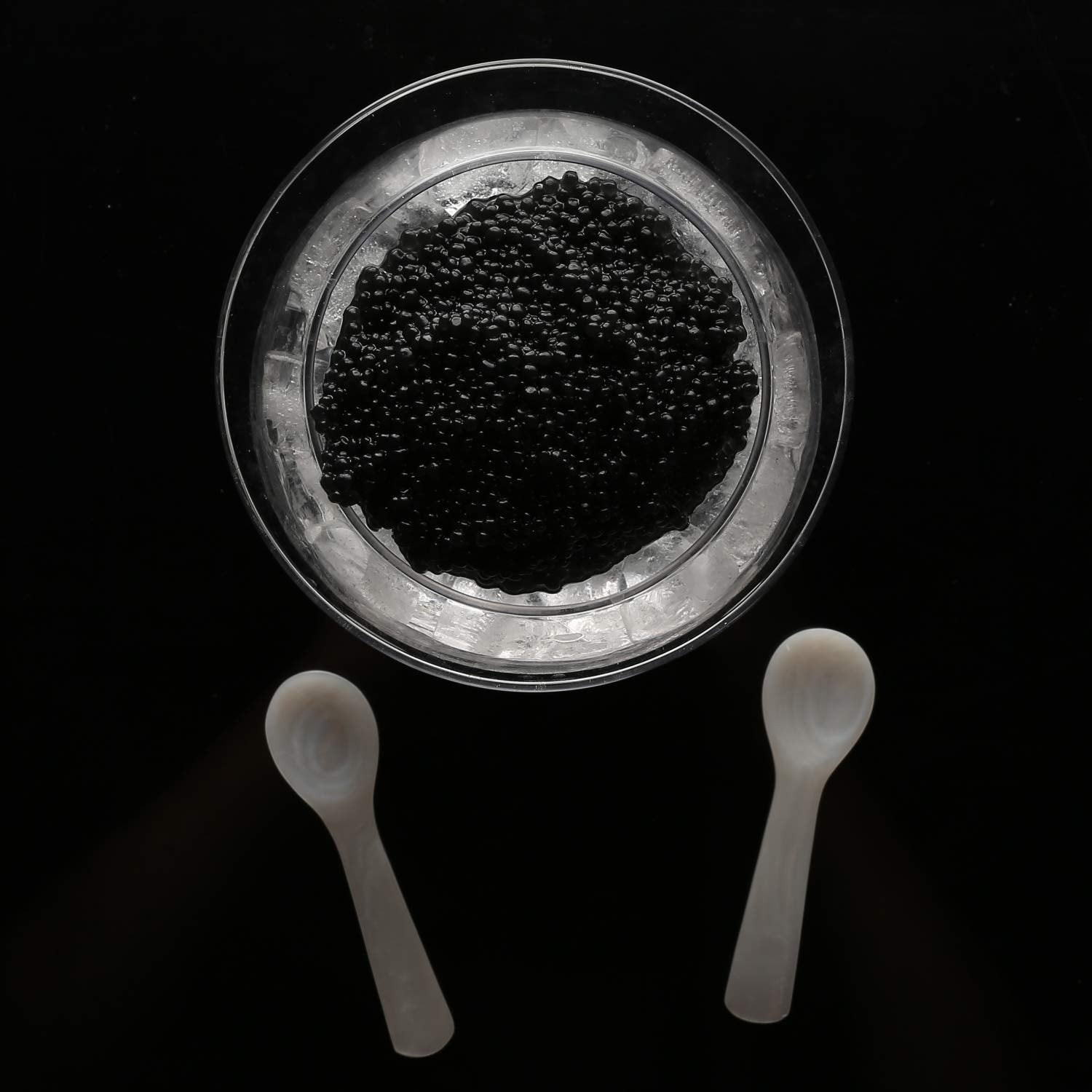 DUEBEL Glass Caviar Chiller Server Set Plus 2 pcs. x Mother of Pearl Caviar Spoon 3.15" - Universal Martini, Wine, Liquor Cocktail Chiller