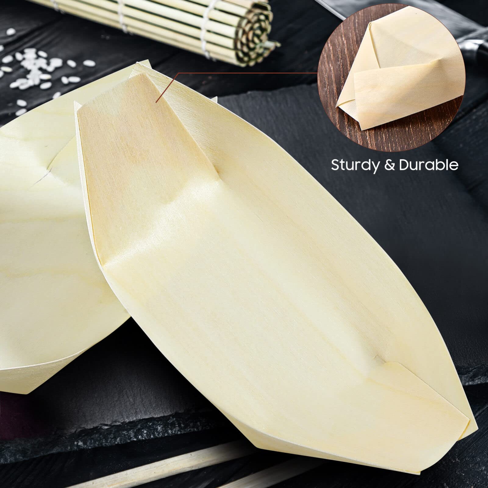 Cabilock 100pcs Disposable Wood Boat Plates, 5inch Sushi Boat Serving Tray Plate Japanese Style Snack Tray for Home Restaurant