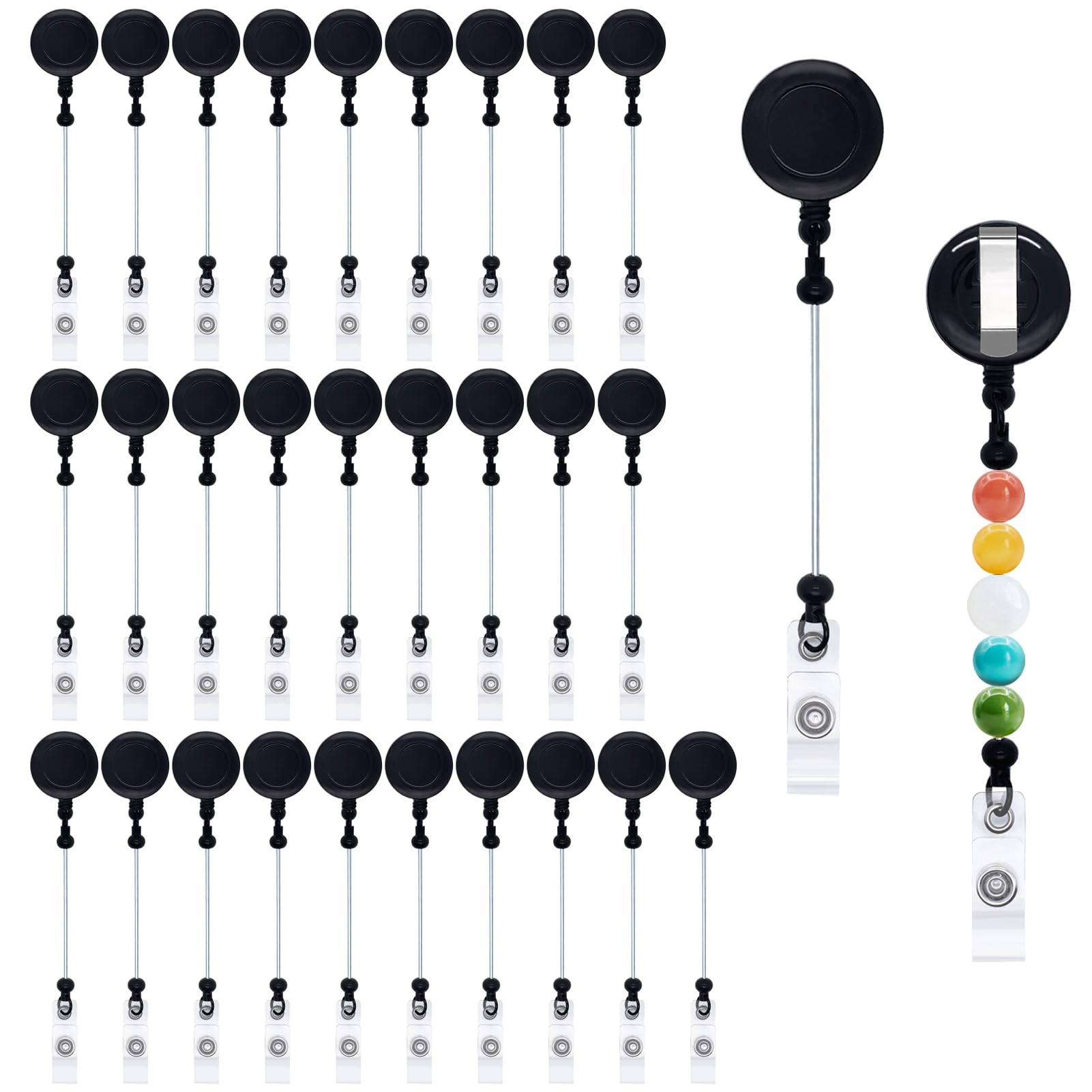 GIWOSK 30 Pcs Beadable Badge Reel Retractable, DIY Blank Badge Reel Kit with Bar for Beads Bulk ID Name, Badge Holder Reel with Belt Clip Beadable Items Gift for Nurse Teacher Office Supplies, Black