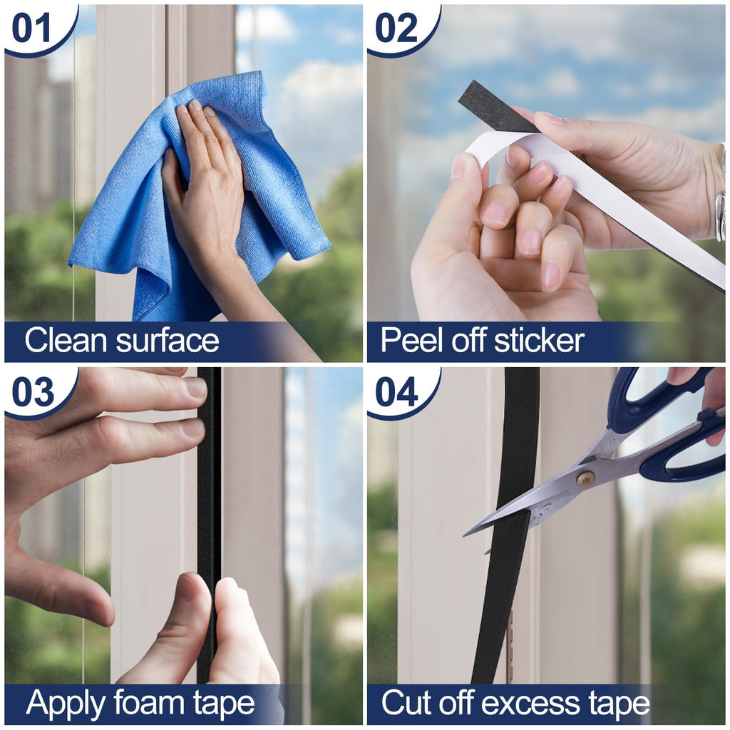 20Ft Foam Tapes Self Adhesive Foam Seal Strips 1In x 1/2In x 10Ft Each Roll Weatherstrips High Resilience Weather Stripping Door Seals for Door Soundproofing, Window Insulation (2R, Black)