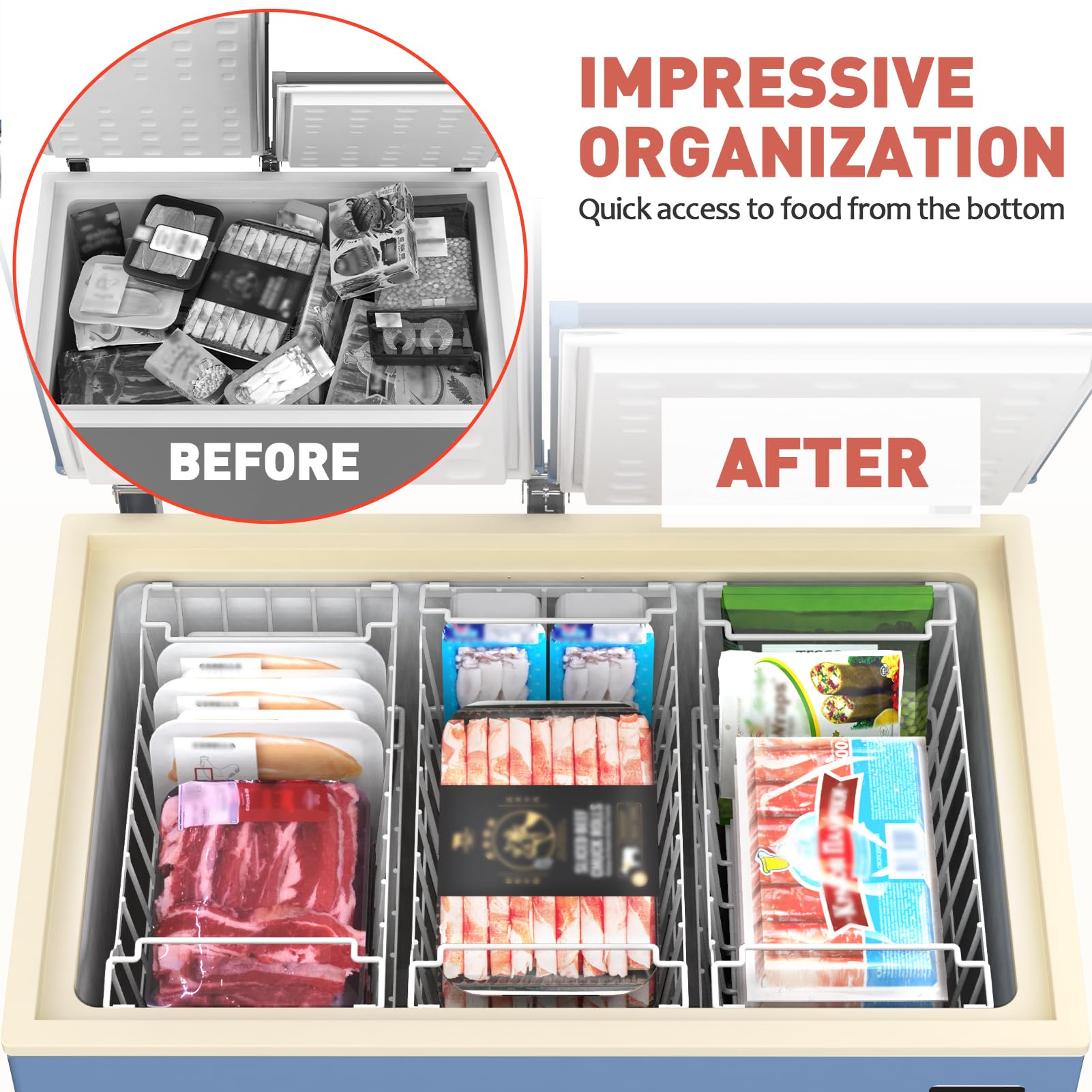 Goovilla Freezer Organizer Bins with Foldable Handle, 4 Pack Stackable Freezer Baskets for 3.5-7 Cu.FT Deep Chest Freezer Organization, White Metal Freezer Storage Bins with Better Space Utilization
