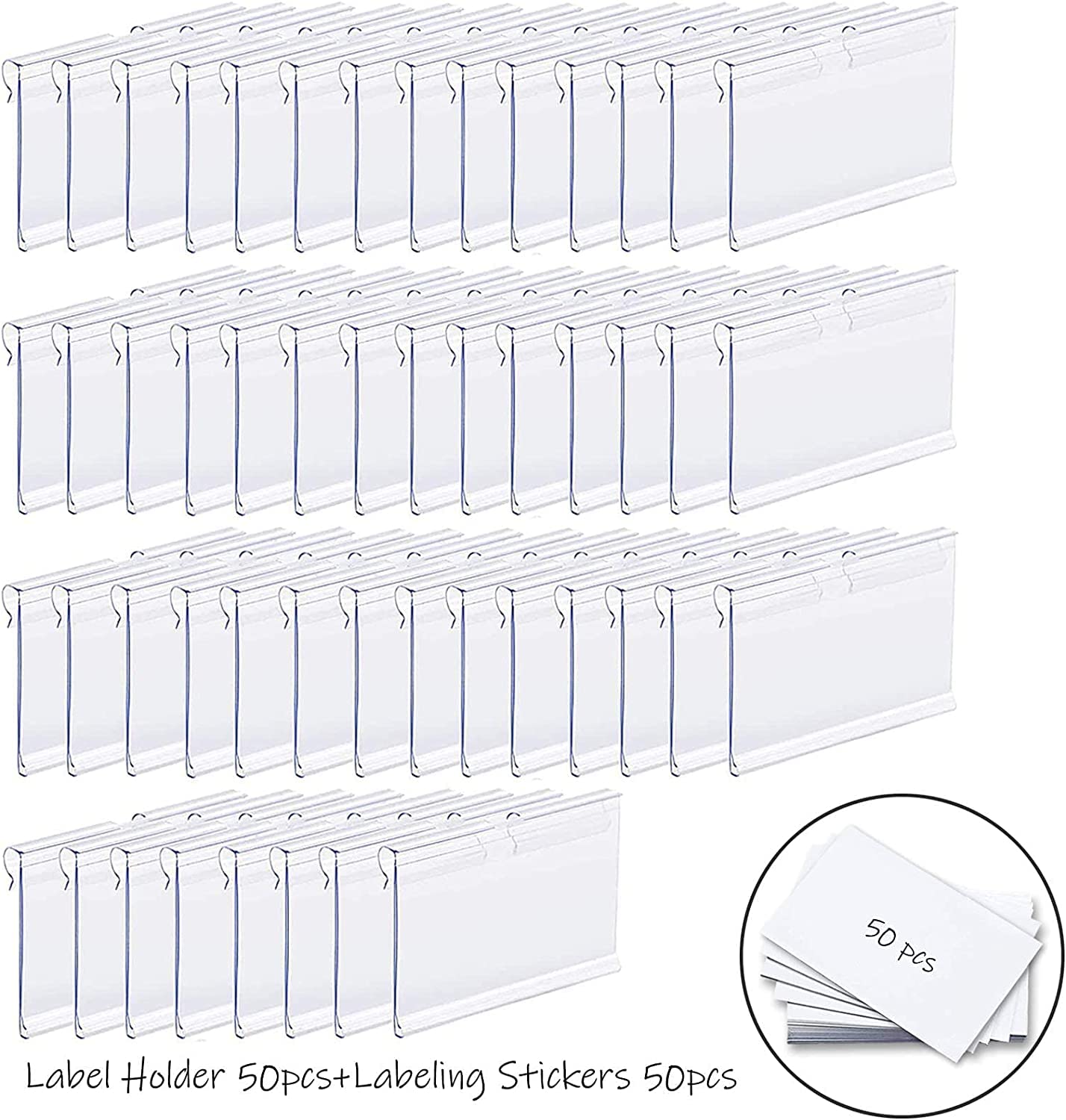 Baoswi Basket Labels Clip On,50PCS Clear Plastic Bin Clip Labels for Baskets,Wire Shelf Price Labels,Labels for Storage Bins,Merchandise Sign Display Holder,50PCS 6X4CM Label Inserts Included