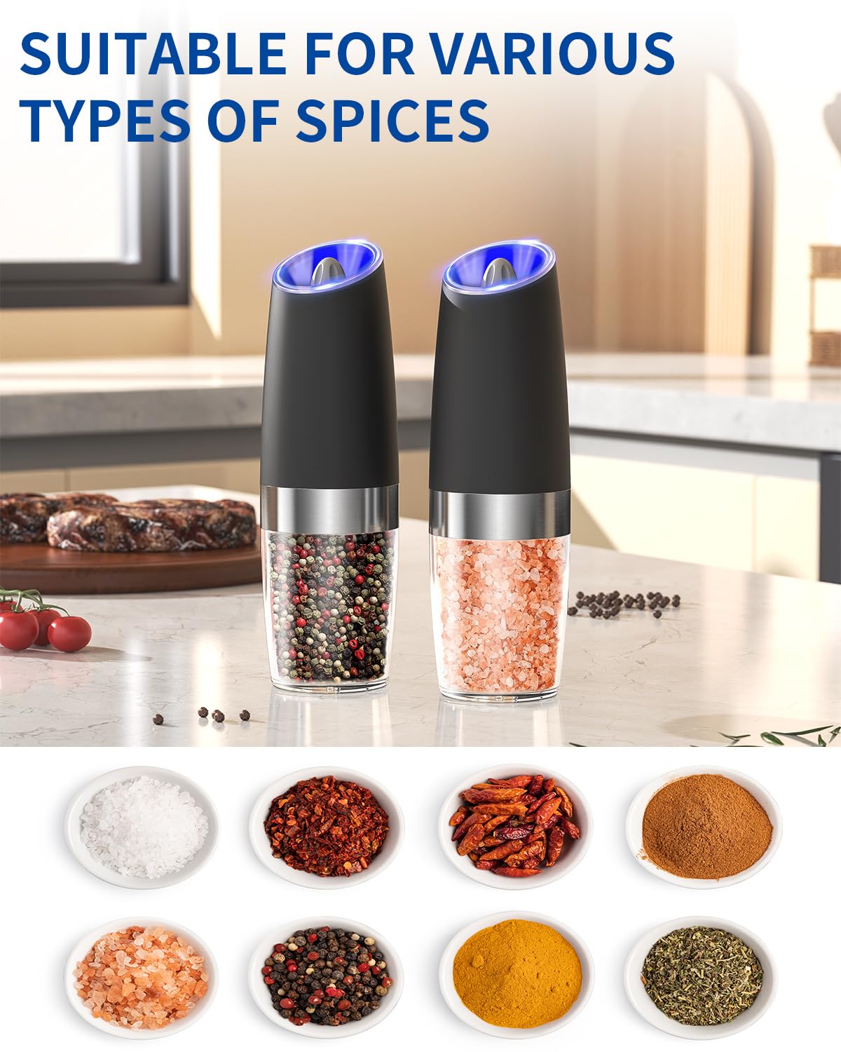 CIRCLE JOY Electric Gravity Salt and Pepper Grinder Set, Battery-Powered 135ml Refillable Automatic Salt and Pepper Shaker for Home, BBQ (Batteries Included), Adjustable Coarseness & LED Light