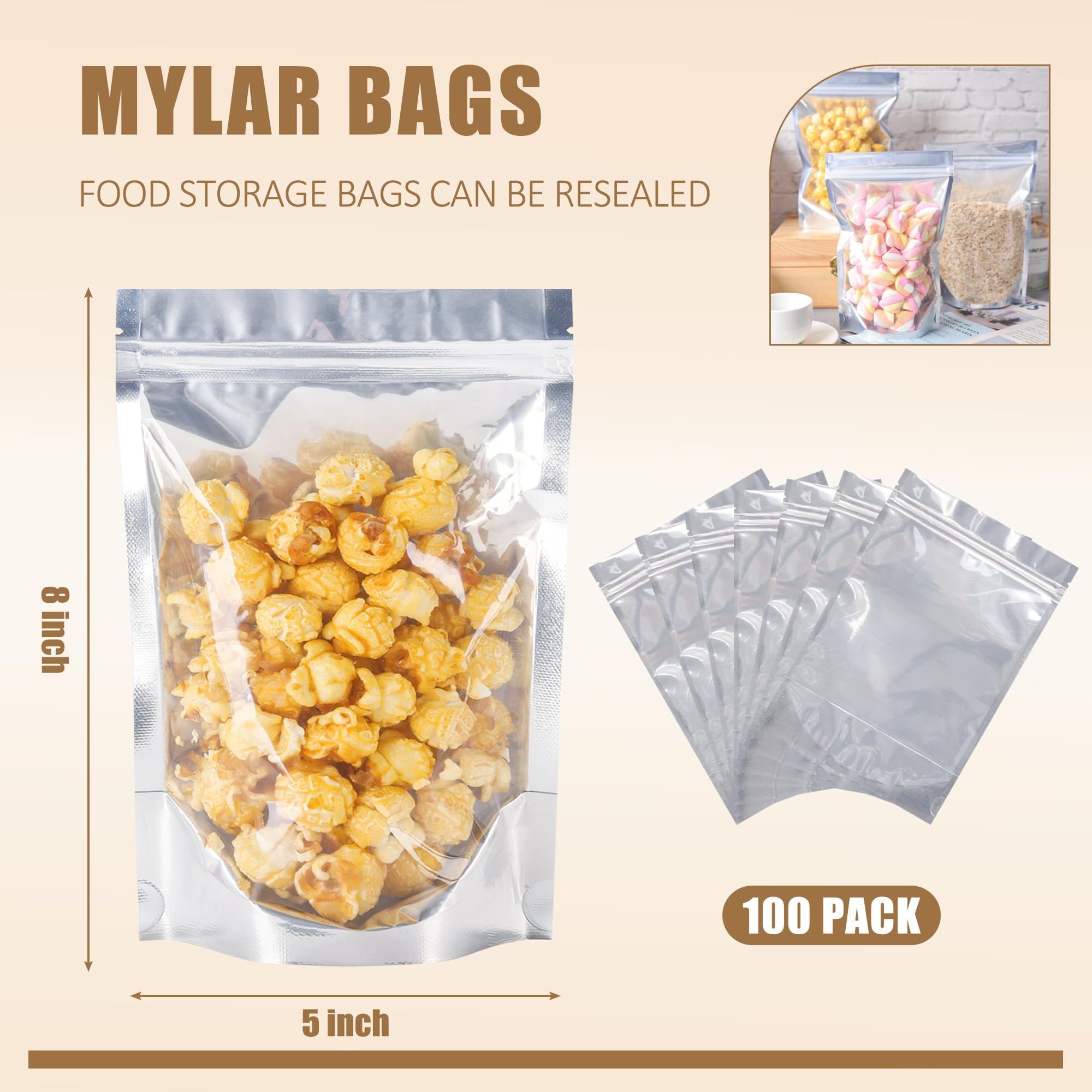 100 PACK Mylar Bags for Food Storage and Resealable Bags for Small Business Packaging Supplies Great for Party Favor Food Storage Bags (Silver,5x8Inches)
