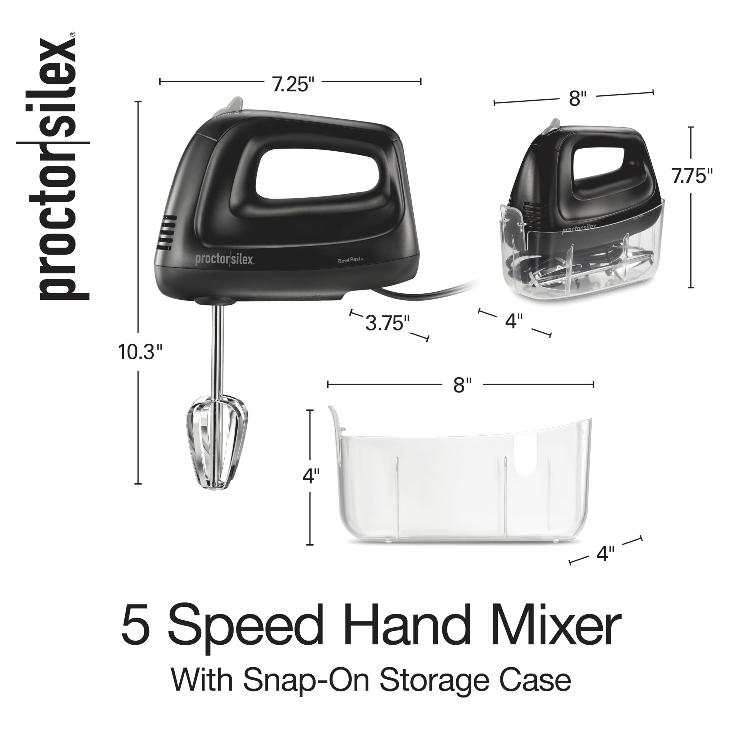 Proctor Silex 5-Speed Electric Hand Mixer for Baking, 100W, Snap-On Storage Case, Lightweight with 2 Beaters, Matte Black (62512)