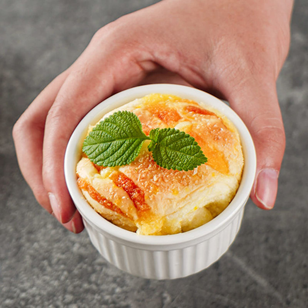 BPFY Set of 6 4 oz White Porcelain Ramekins Bakeware, Ceramic Souffle Dishes, Baking Cups for Custards, Pudding, Creme Brulee, French Onion Soup Bowls
